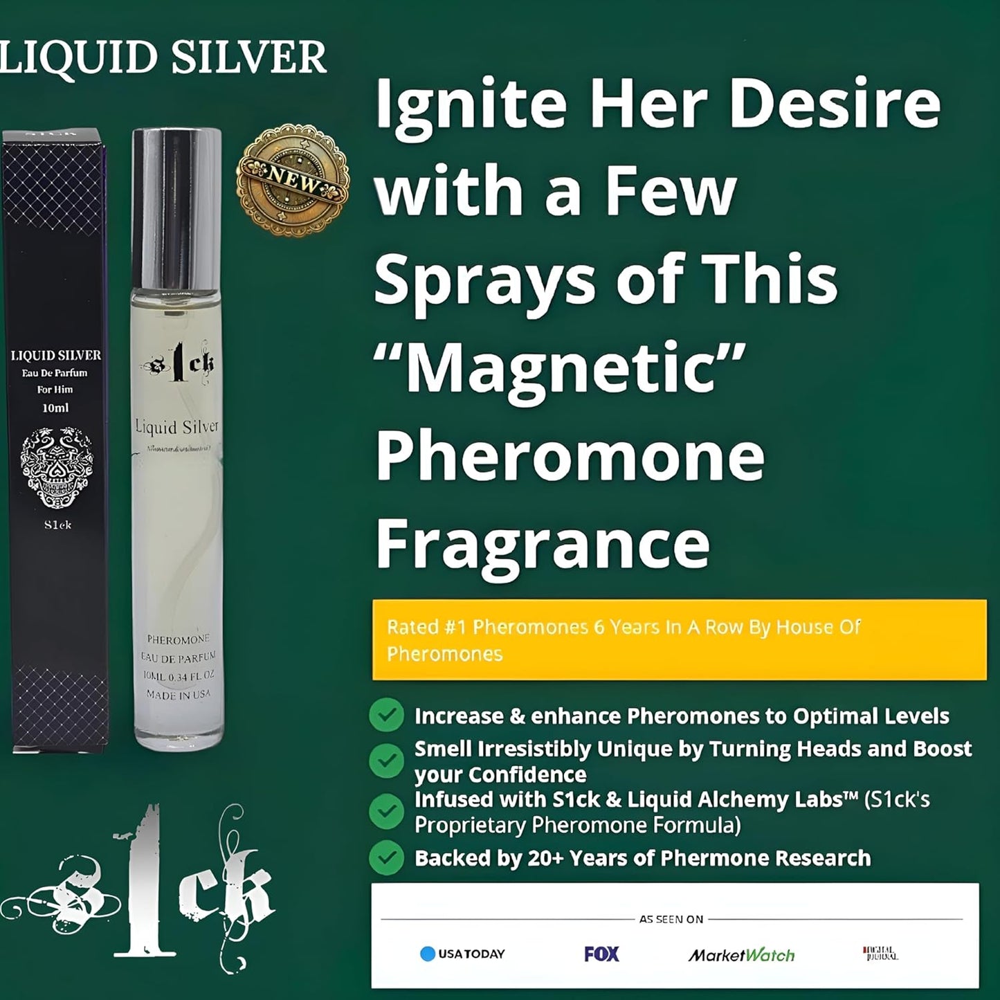 Liquid Silver Pheromone Cologne for Men - USA-Made Lasting Attraction Spray | Bold Strength Scent