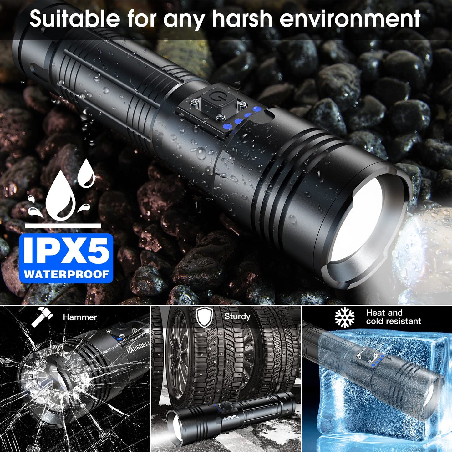 HAUSBELL A100 Rechargeable Flashlight, 2000FT Ultra-Bright Beam, 5 Modes Zoomable for Camping & Emergency, USB-C Fast Charging, Lightweight 7.8oz, Battery Display – Keep in Car, Home, or Gift for Men