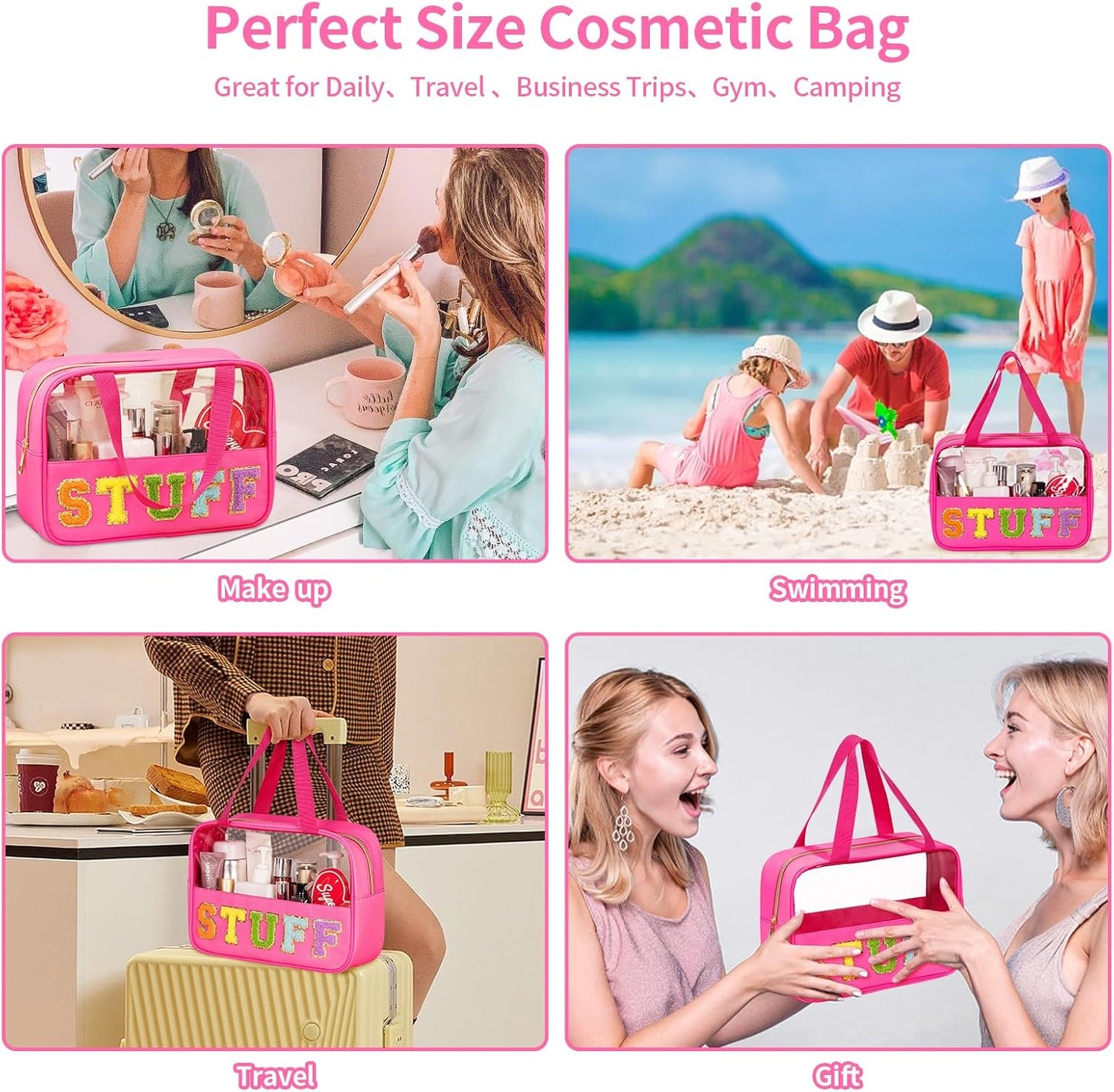Chenille Letter Patch Makeup Bag - Waterproof Clear Travel Toiletry Bag with Handle | Large PVC & Nylon Storage for Women