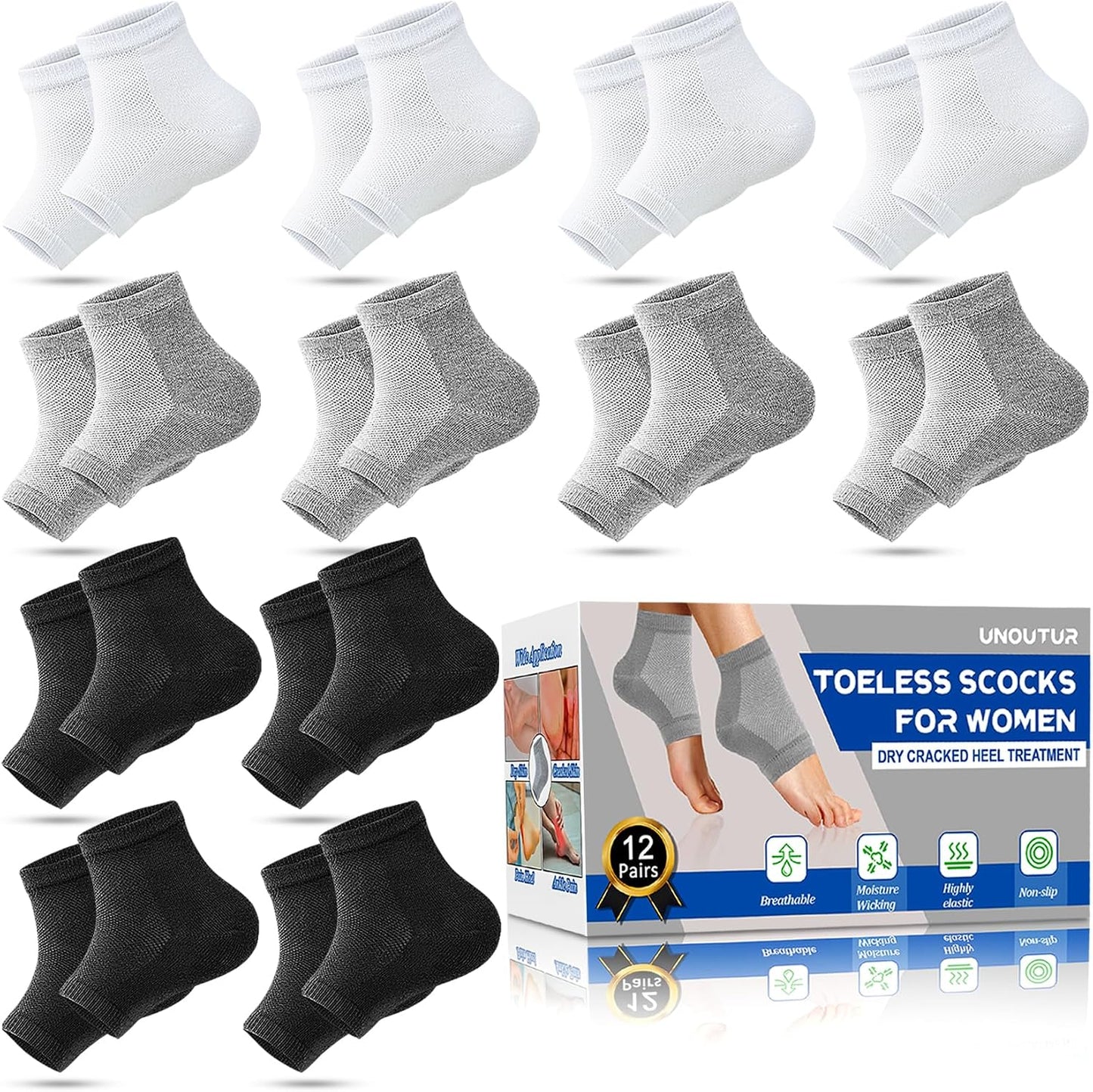 Moisturizing Socks for Dry Cracked Heels - 12 Pairs Toeless Silicone Treatment