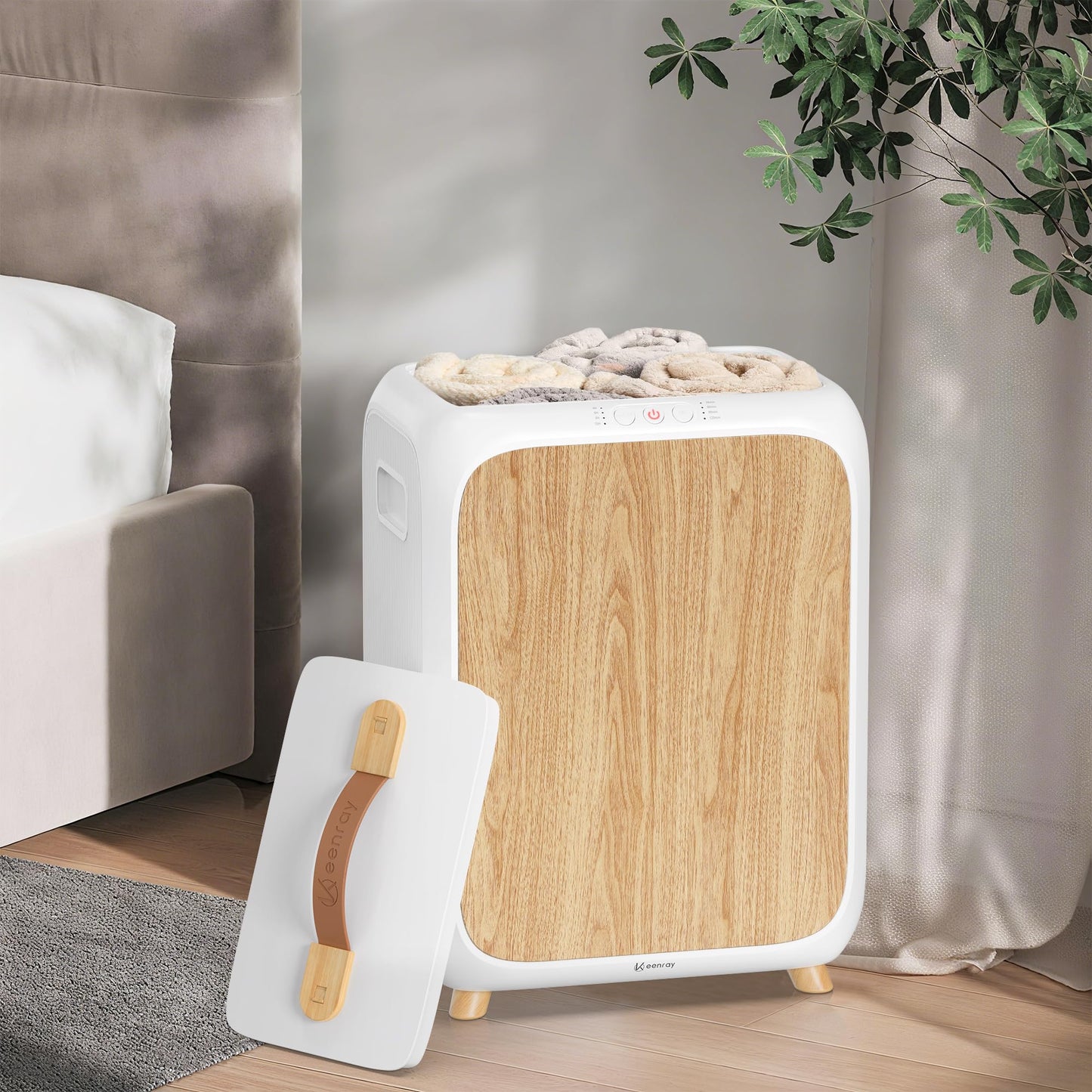 Keenray Towel Warmer Bucket, Luxury Rectangle Towel Warmer for Bathroom with Timer & Delay, Customized Fragrance, Child Lock, Fits 2 Large Towels, Blankets, Bathrobes, Ideal Gift for Him & Her(Wood)