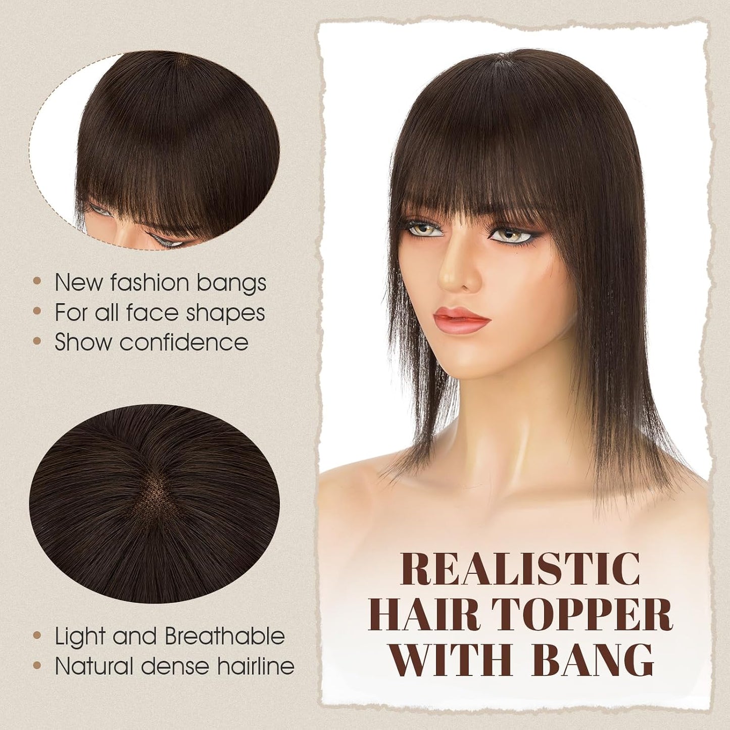 Human Hair Topper - 360° 3D Ultra Thin Clip-In Crown Piece for Thinning Gray Hair | 12 Inch Mocha Brown, 35 Grams