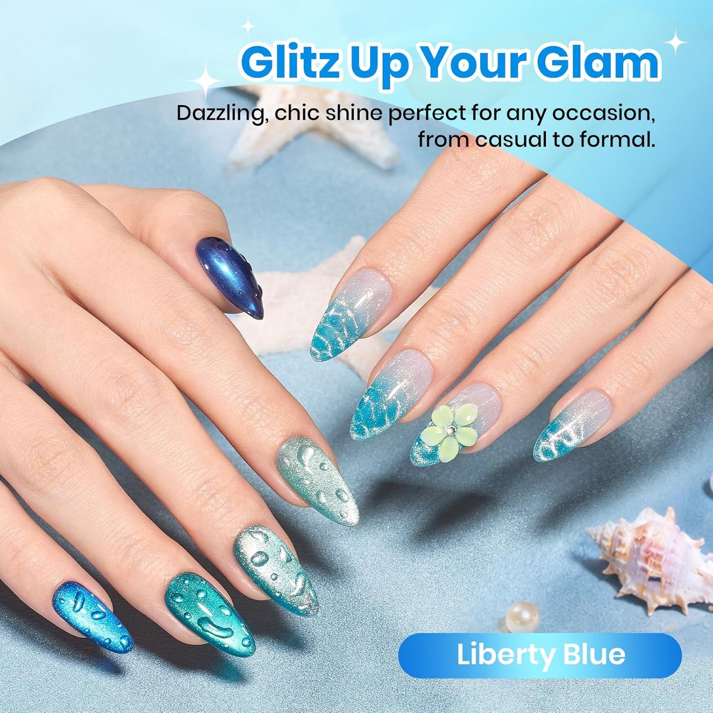 Beetles Cat Eye Gel Nail Polish Set - 6 Summer Glitter Colors | Mint Green, Icy Blue, Teal, Sapphire, Navy, 3D Shimmer Effect