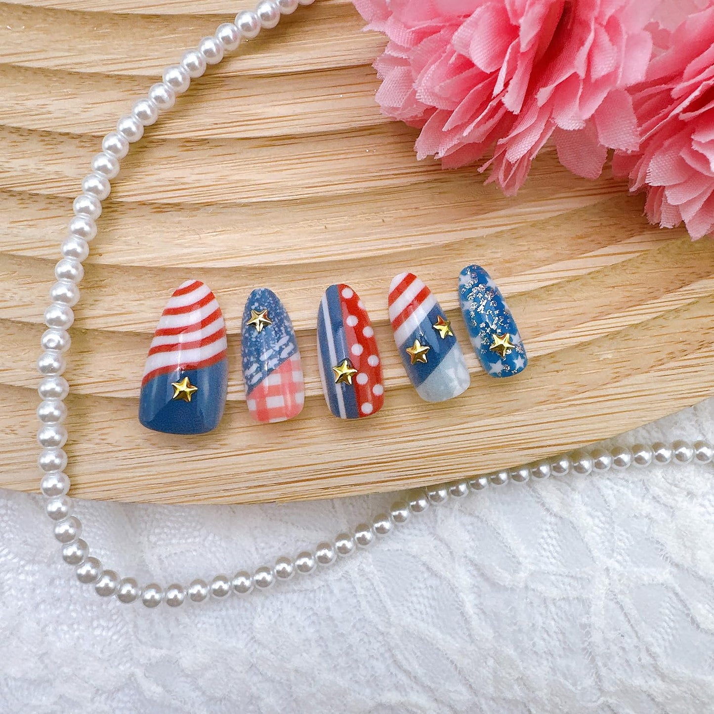 30Pcs 4th of July Press-On Nails - Medium Almond Acrylic Nails with Gold Star & Red Rhinestones | Patriotic Independence Day Design
