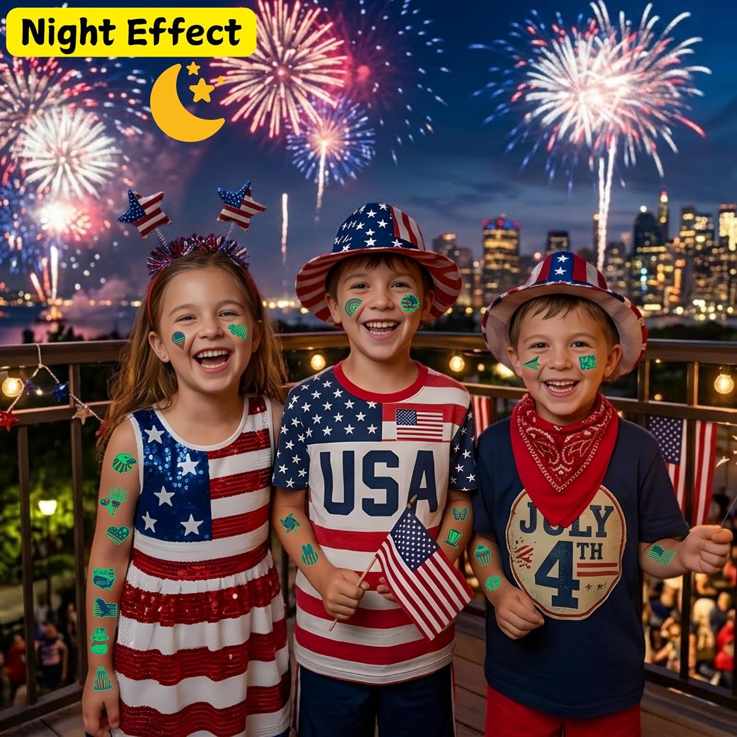 Luminous 4th of July Temporary Tattoos - Glow in Dark Patriotic Party Favors | Red, White & Blue Designs