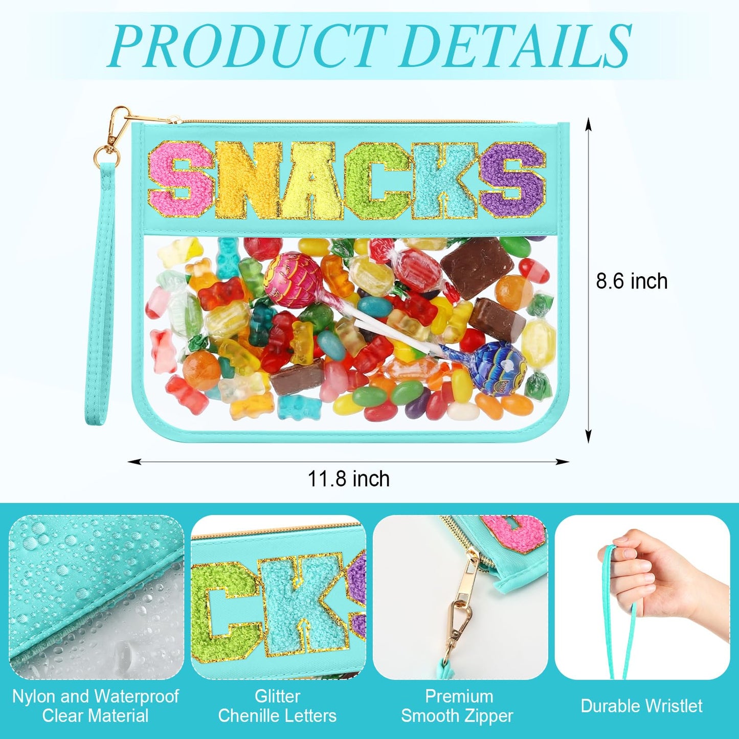 Kacctyen 6 Pcs Snacks Bags Transparent Makeup Bag with Zipper Chenille Letter Waterproof Cosmetic Toiletry Pouch with Handle Gym Travel Summer Gifts for Women Girls(Multicolor,Snacks)