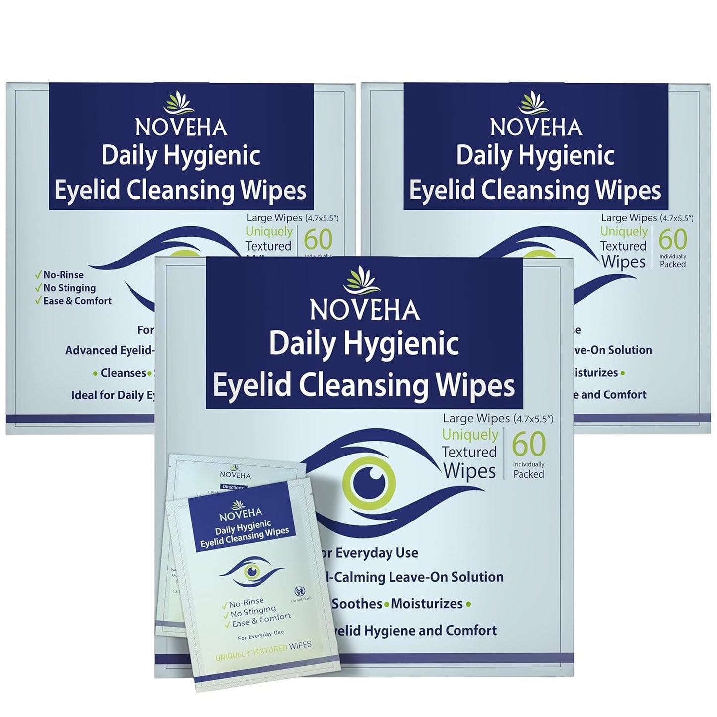 NOVEHA Daily Eyelid & Lash Wipes - 60 Individually Wrapped Refreshing Wipes for Blepharitis & Itchy Eyes