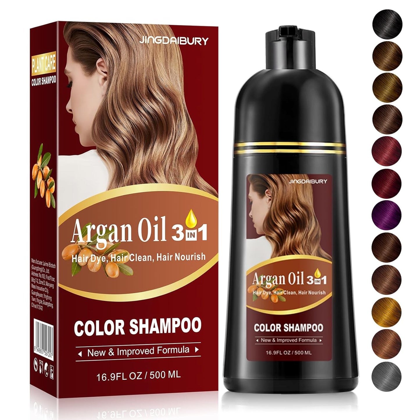 Black Hair Dye Shampoo - Argan Oil Formula for Men & Women | 3-in-1 Gray Coverage, 16.9 Fl Oz