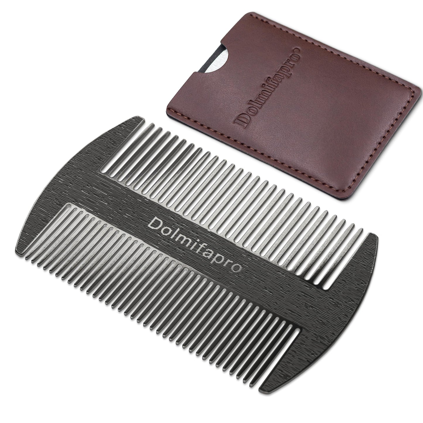 Dolmifapro 304 Stainless Steel Pocket Beard Comb for Men, Anti-Static Dual Fine Coarse Teeth Ultra-Thin Mustache Hair Grooming Comb with PU Leather Case (black)