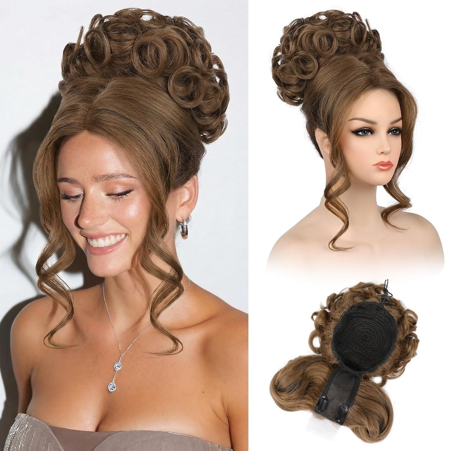 Messy Bun Hair Piece with Bangs - 2-in-1 Curly Updo Wig & Hair Topper | Natural-Looking Drawstring Ponytail Extension in Chocolate Brown