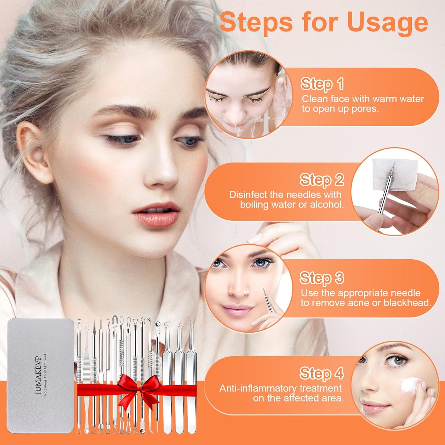Pimple Popper Tool Kit - 15 PCS Professional Stainless Steel Blackhead Remover Set | Acne Extraction Tools in Metal Case (Silver)