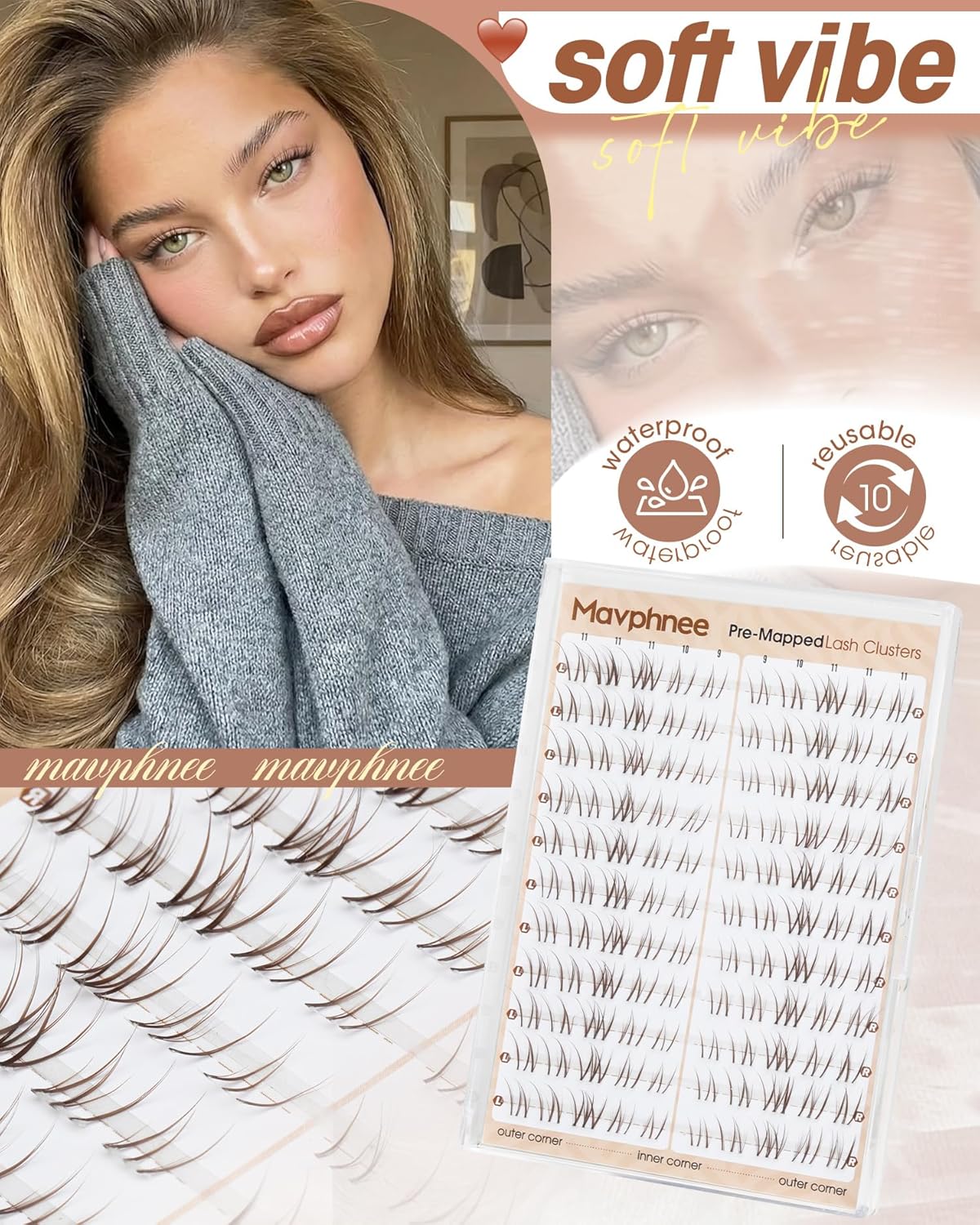 Natural Eyelash Extensions - Brown Lash Clusters | CC Curl, 9-10-11MM, Short Wispy Cat Eye Design