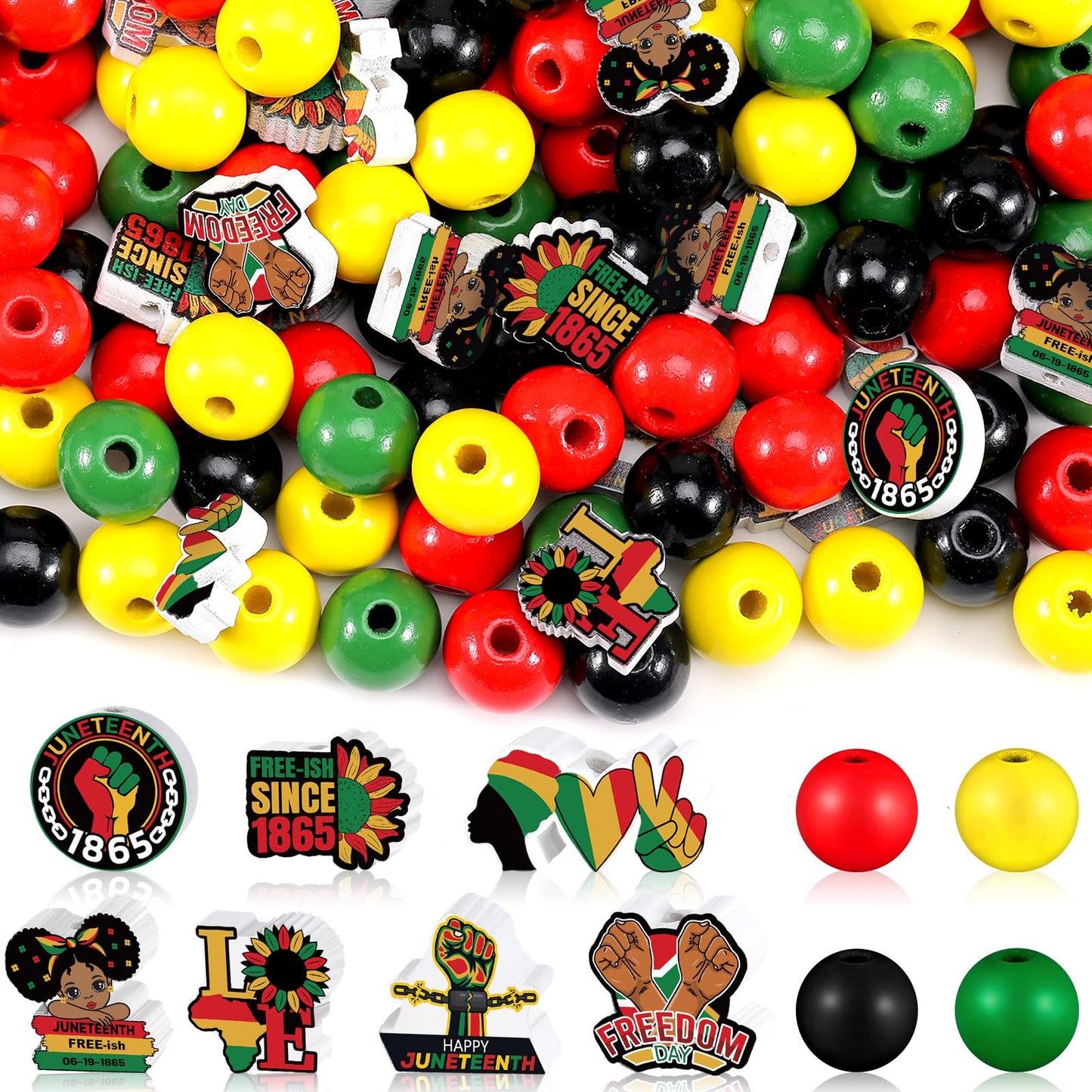 Fabbay 200 Pcs Juneteenth Wooden Beads Black Red Green Yellow Wooden Beads 1865 Freedom Day Wood Ornaments with Hemp Rope for Juneteenth Jewelry Making DIY Crafts Home Party Decor