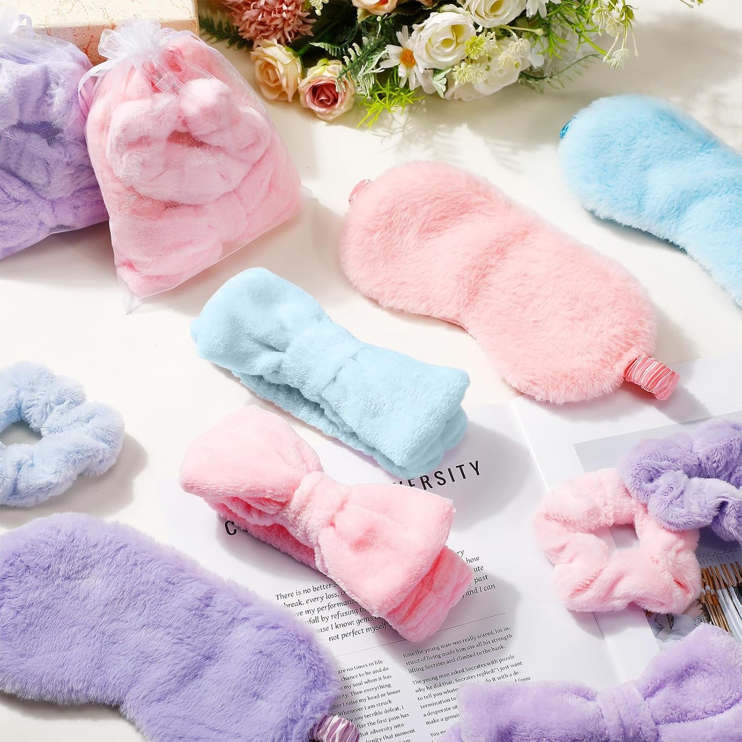 Mimorou Spa Party Supplies Set - 48 Pieces with Headbands, Eye Masks & Scrunchies | Pink, Blue, Purple