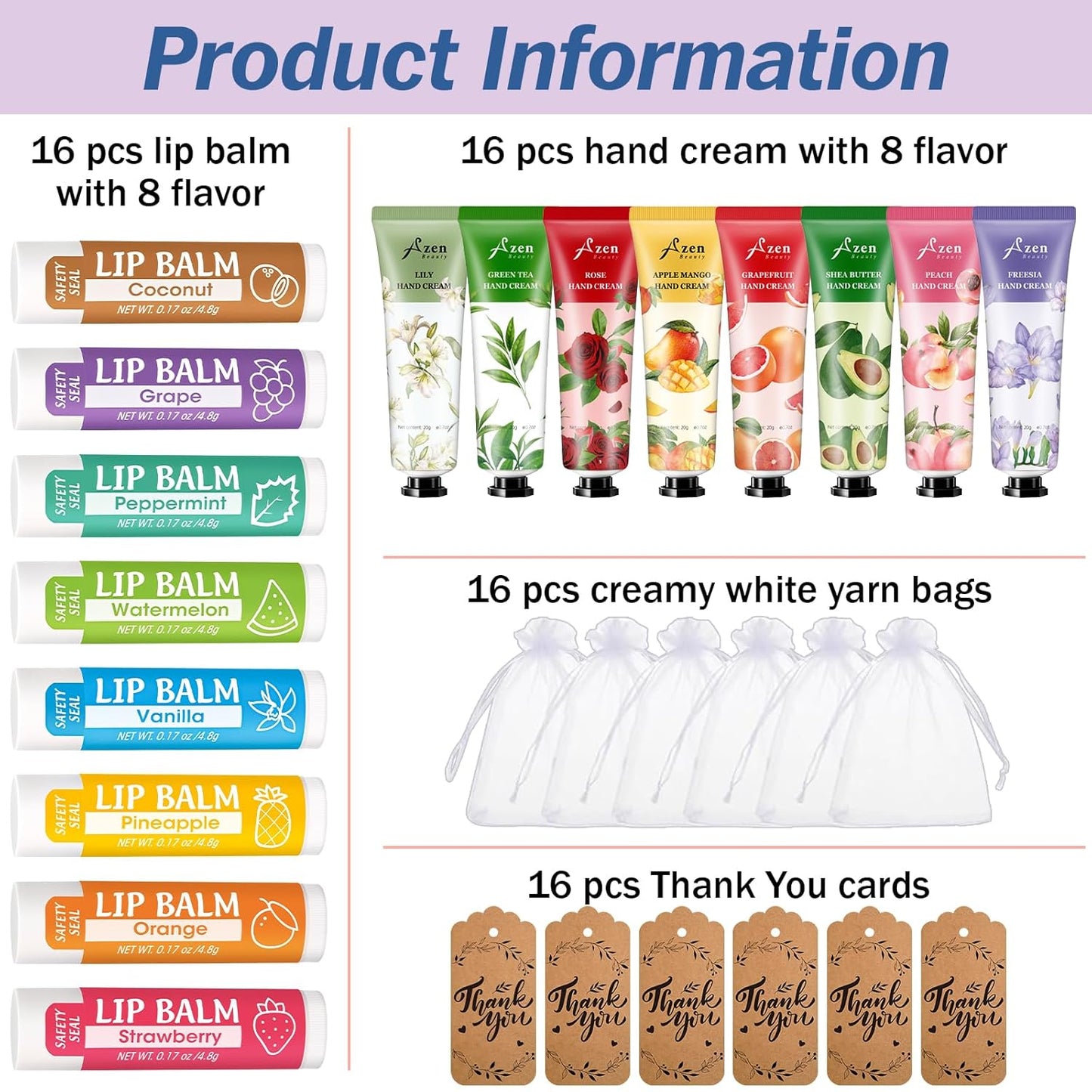 Hand Cream and Lip Balm Gift Set - 16 Sets with Organza Bag | Perfect for Baby Showers, Weddings, and Mother's Day
