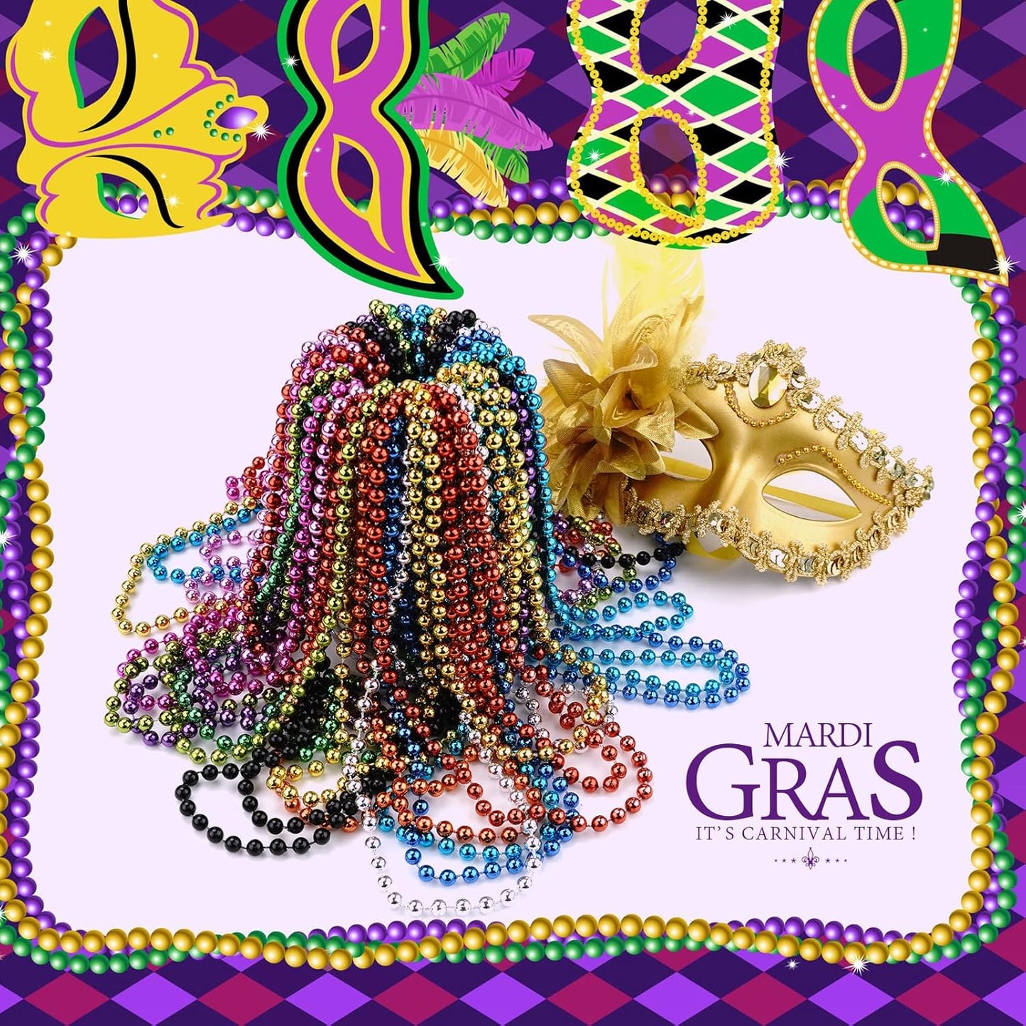 12 PCS Metallic Bead Necklaces - 33'' Round Mardi Gras Jewelry for Festive Events | Christmas & New Year