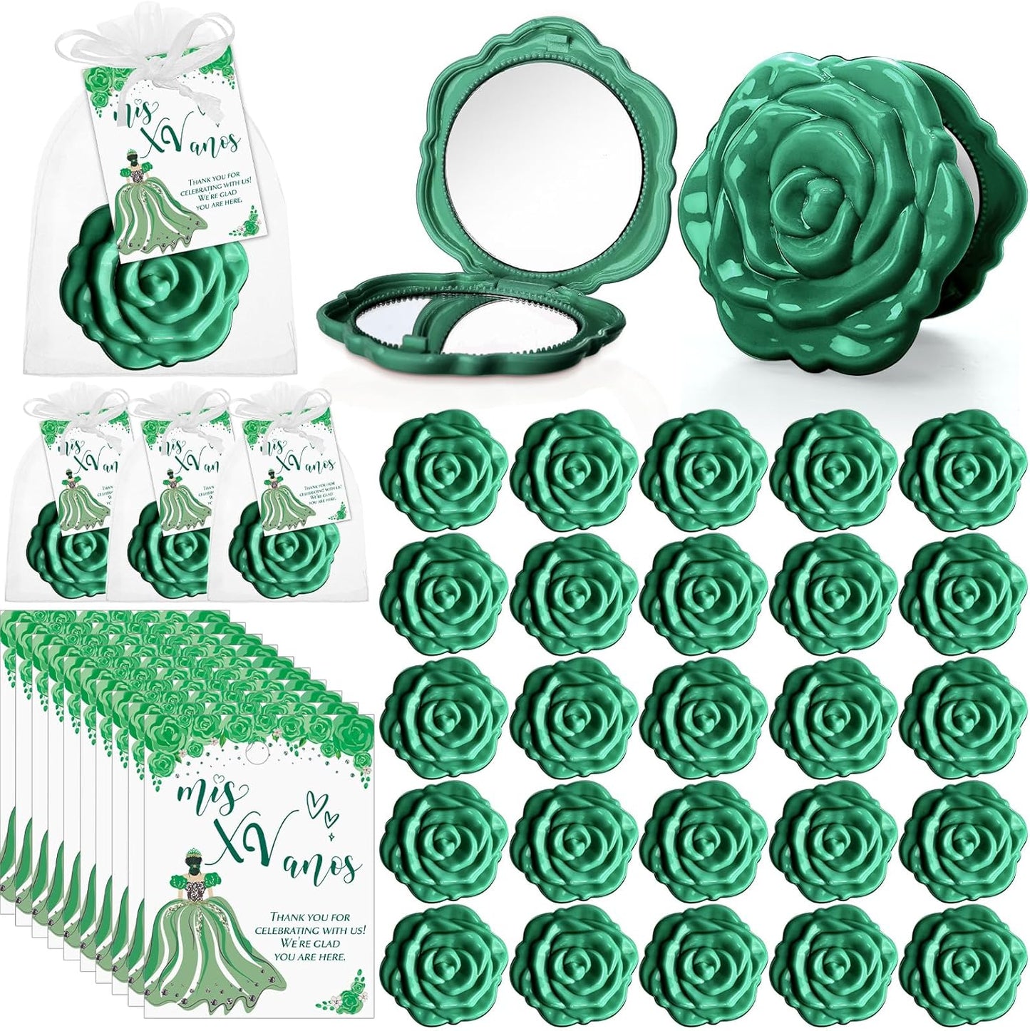 Quinceanera Party Favors - Rose Design Compact Pocket Mirrors with Thank You Cards & Organza Bags | Pink