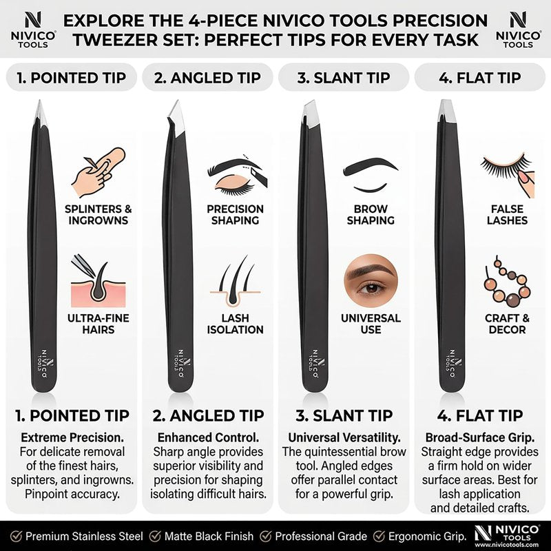 Nivico Tools Premium Eyebrow Tweezers Set – Professional Surgical-Grade Stainless Steel Precision Plucking Kit (Slant, Pointed, Flat, Angled) – Facial Hair & Splinter Removal with Leather Pouch