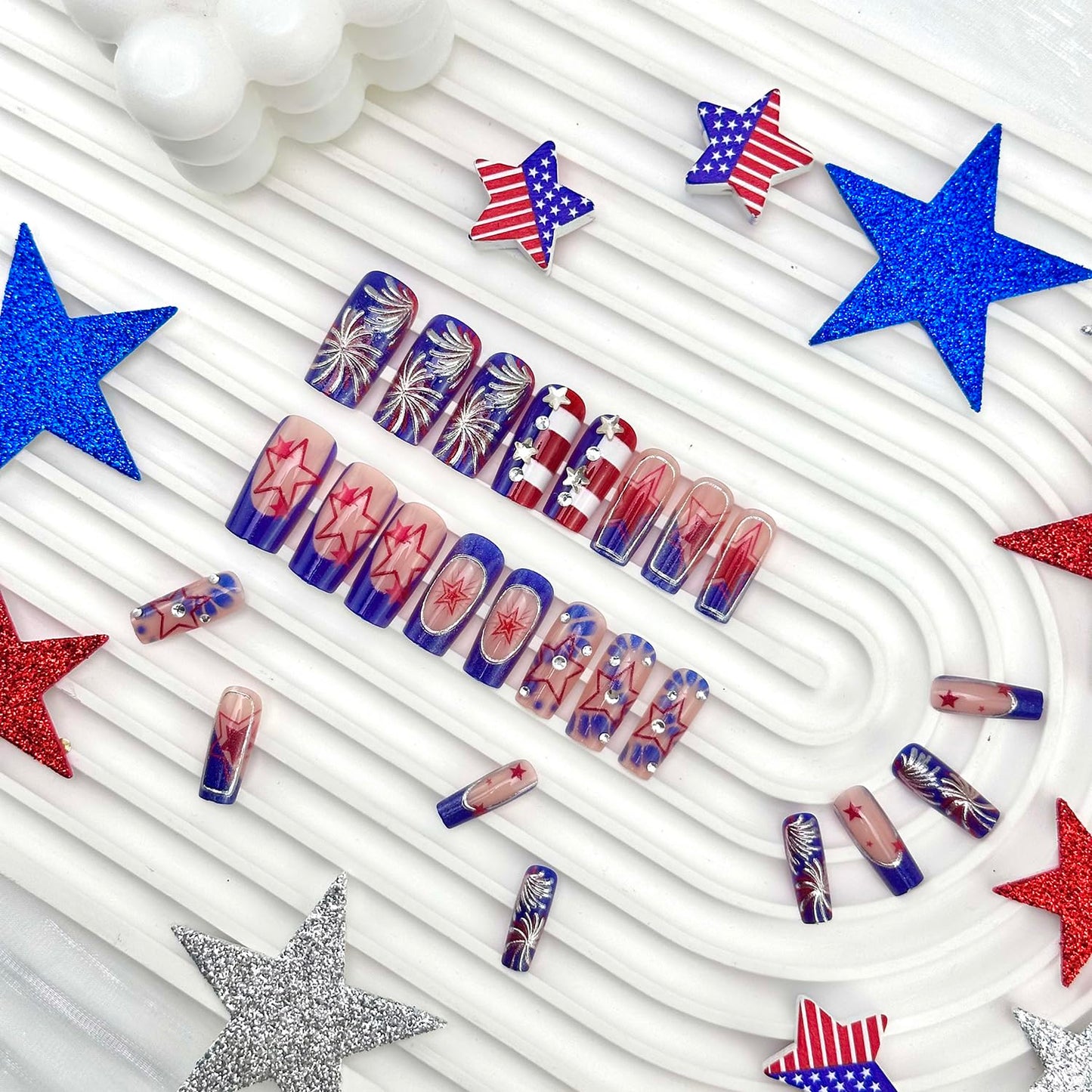 24 PCS 4th of July Press-On Nails | Medium Square Blue French Tip with Red Star Designs for Independence Day