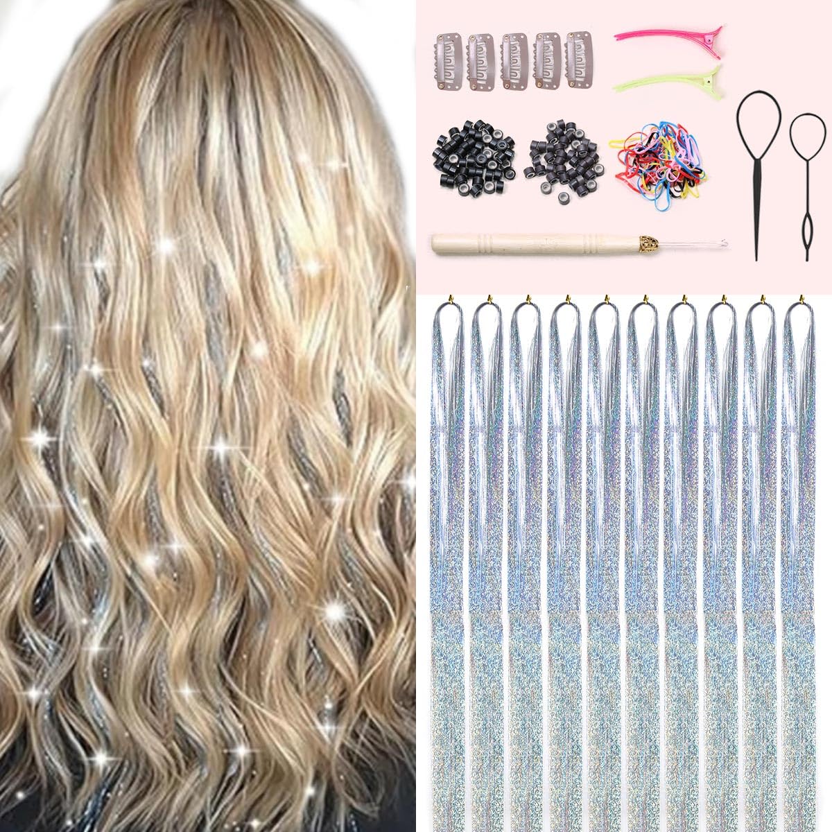 Hair Tinsel Kit - 20 Colors Fairy Tinsel Hair Extensions | Heat Resistant Glitter Accessories for Teens (48 Inch)