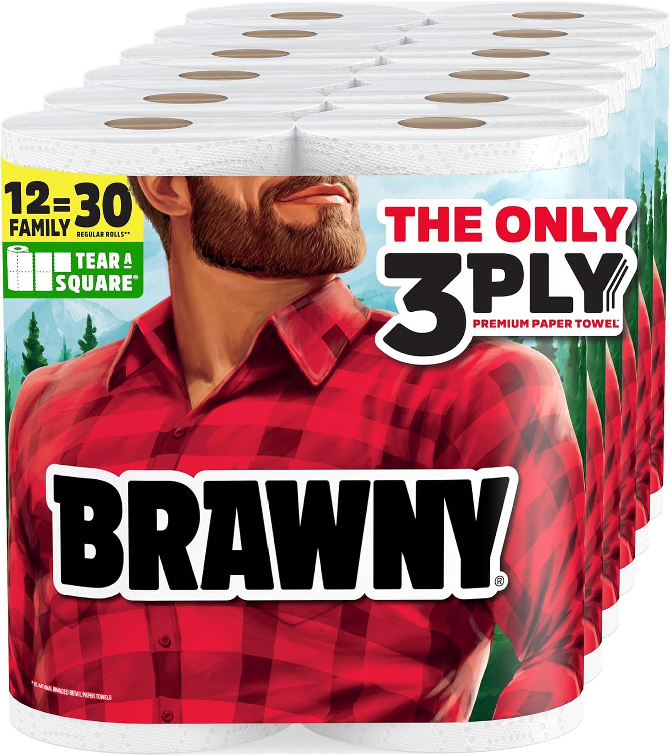 Brawny Paper Towels - 3-Ply Tear-A-Square, Strong & Absorbent | 12 XL Family Rolls (30 Regular Rolls)