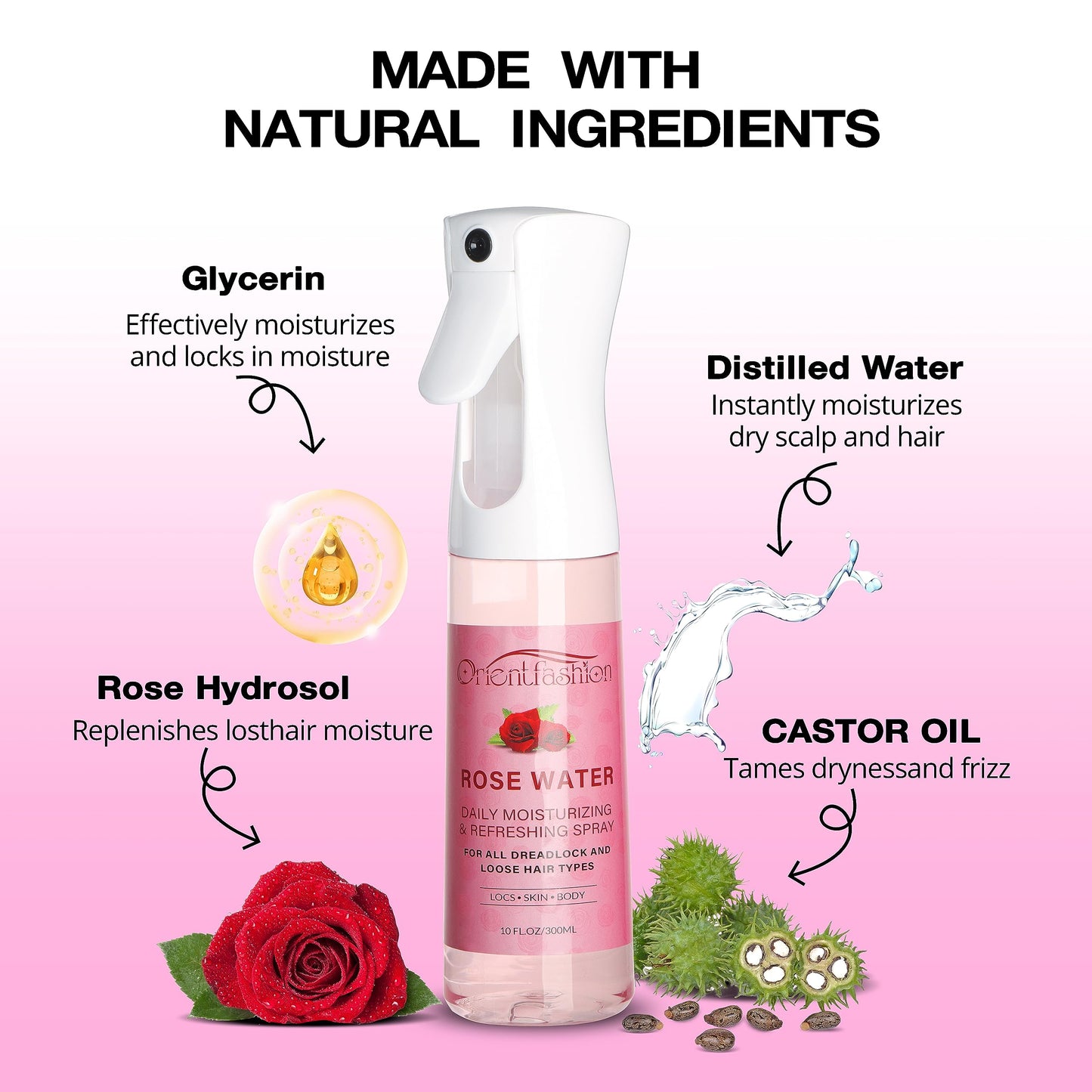 Orientfashion 10 Fl Oz Rose Water Spray for Locs, Loc Moisturizer Refreshing Spray Rosewater Hair Scalp Moisturizer for Hair Care and Maintenance, Castor Oil
