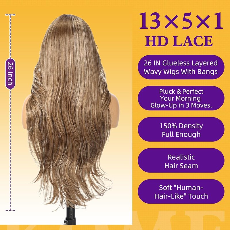 Ash Brown Highlight Synthetic Lace Front Wig - T Part Glueless Layered Wavy Style with Bangs | 26 Inch Heat Resistant for Daily & Party Use