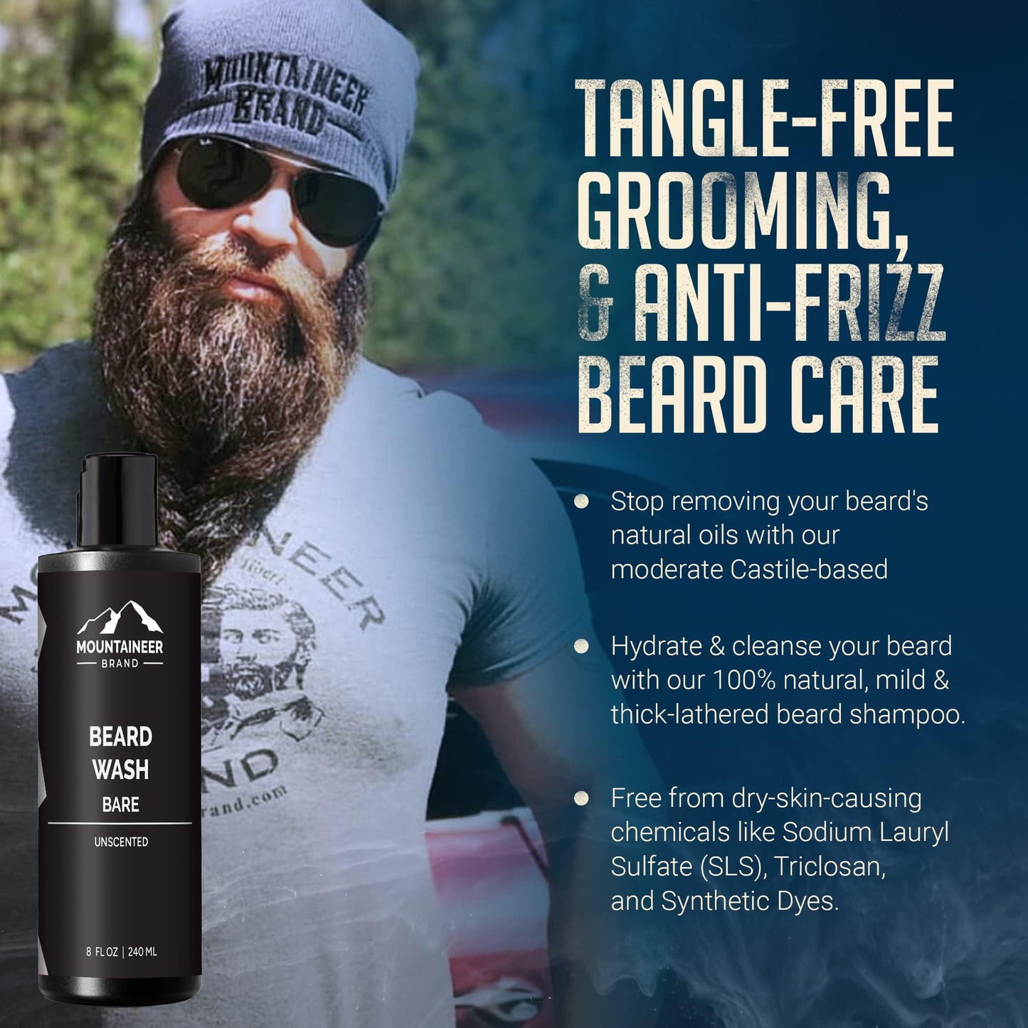 Mountaineer Brand Beard Wash For Men | 100% Natural Beard Shampoo | Thick Cleaning Softening Lather for Hair and Skin | Hydrate and Detangle | Grooming Treatment | Bare Unscented 8oz