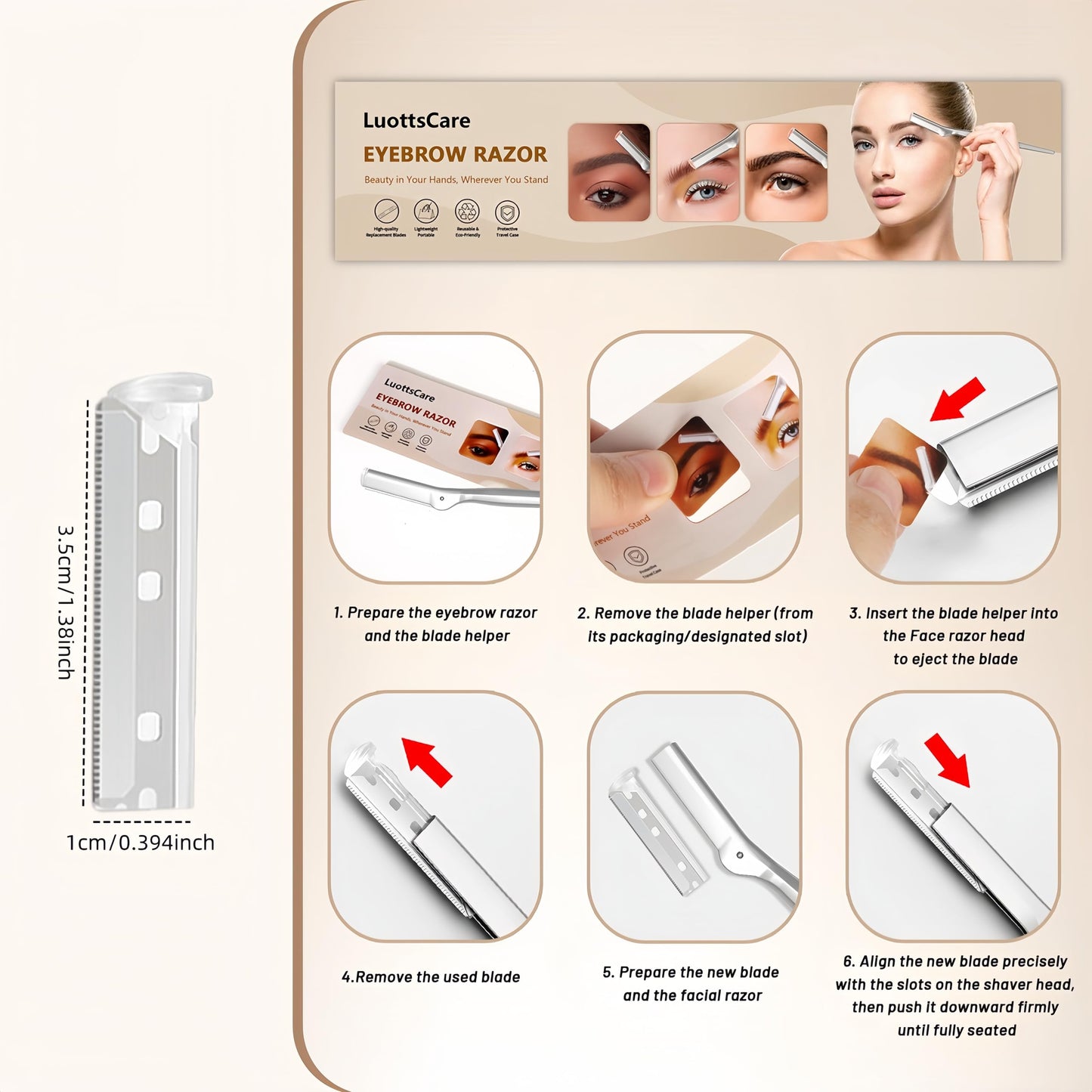 LuottsCare 20 Eyebrow Razor Blades - 20 Refill Blades for Dermaplane Razor for Women Face, Small Face Razors Blades for Peach Fuzz and Fine Hair, Multipurpose Exfoliating Dermaplaning Tools - L