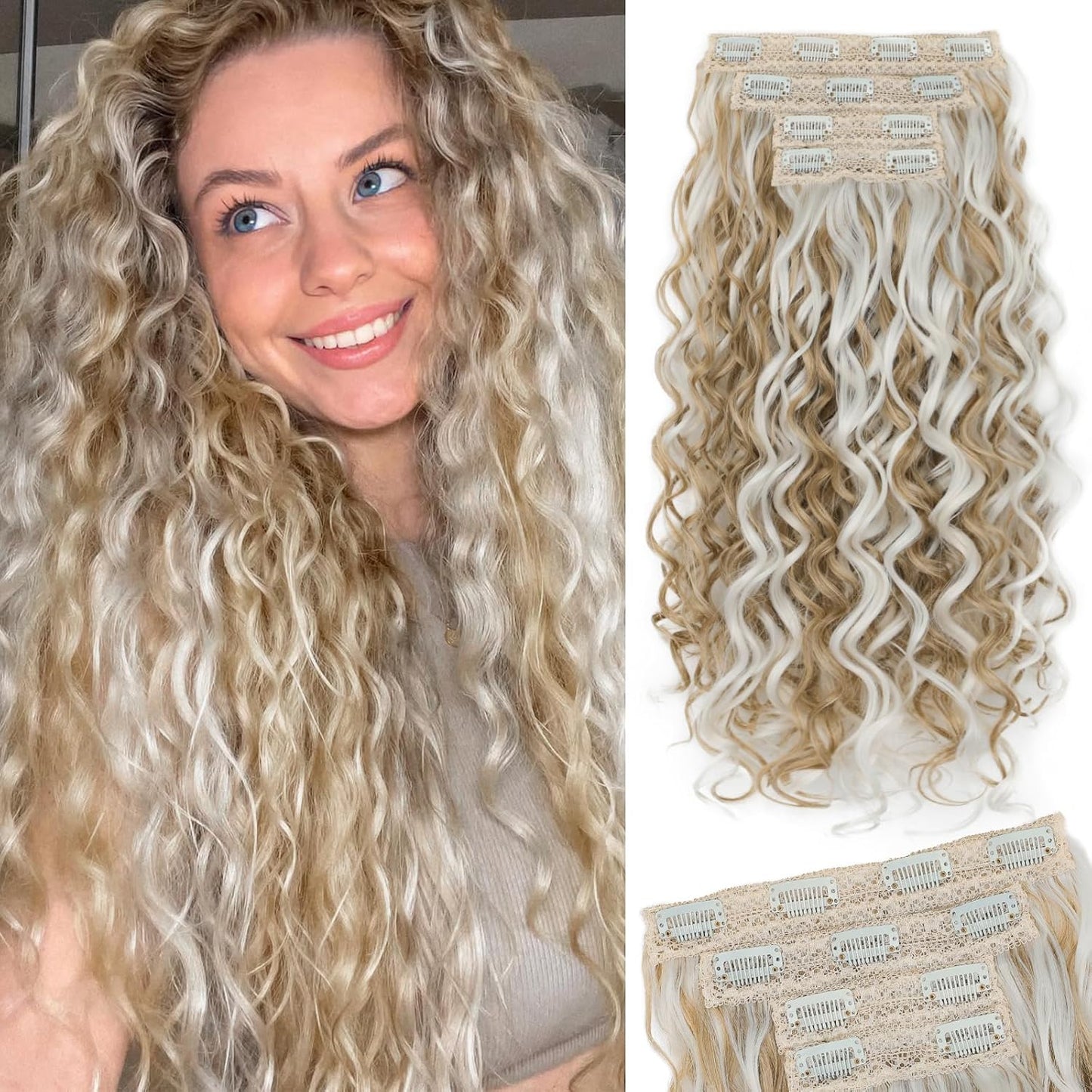 Curly Clip-In Hair Extensions - 20 Inch Thick Natural Synthetic Hairpieces | 4PCS Black
