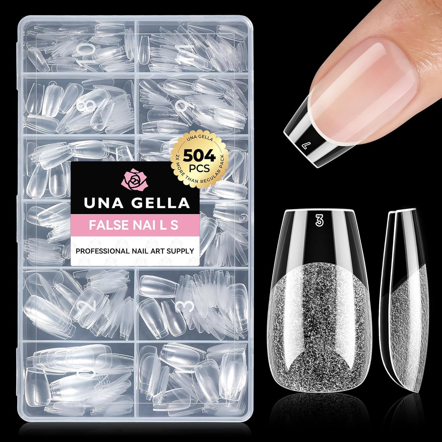 Medium Stiletto Press-On Nails - 504 Pcs Clear Gel Nail Tips | Full Cover Pre-Etched Acrylic, 12 Sizes Available