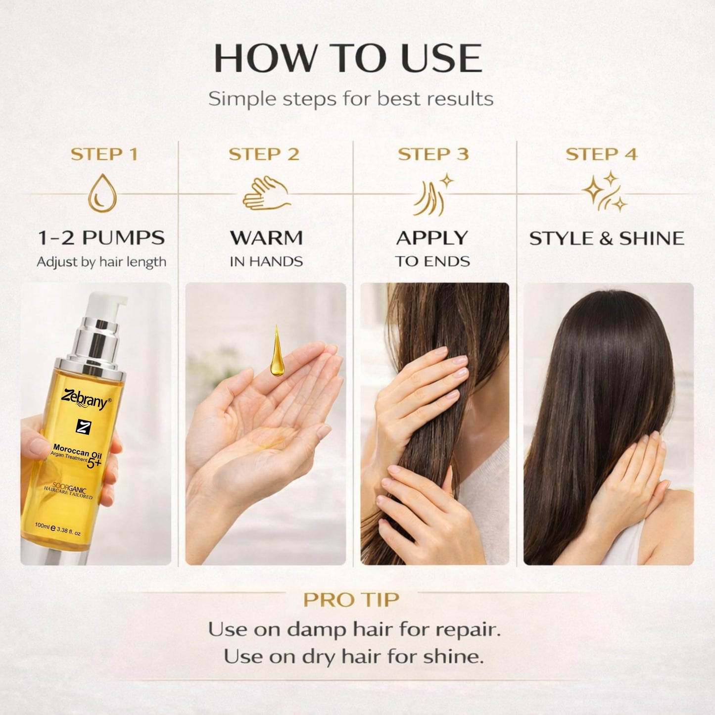 Zebrany Moroccan Argan Oil Hair Serum, Leave-In Conditioner for Dry, Damaged & Frizzy Hair, Professional Heat Protectant, Deep Moisturizing Hair Treatment, Shine Booster, Day & Night Care, 3.38 Fl Oz