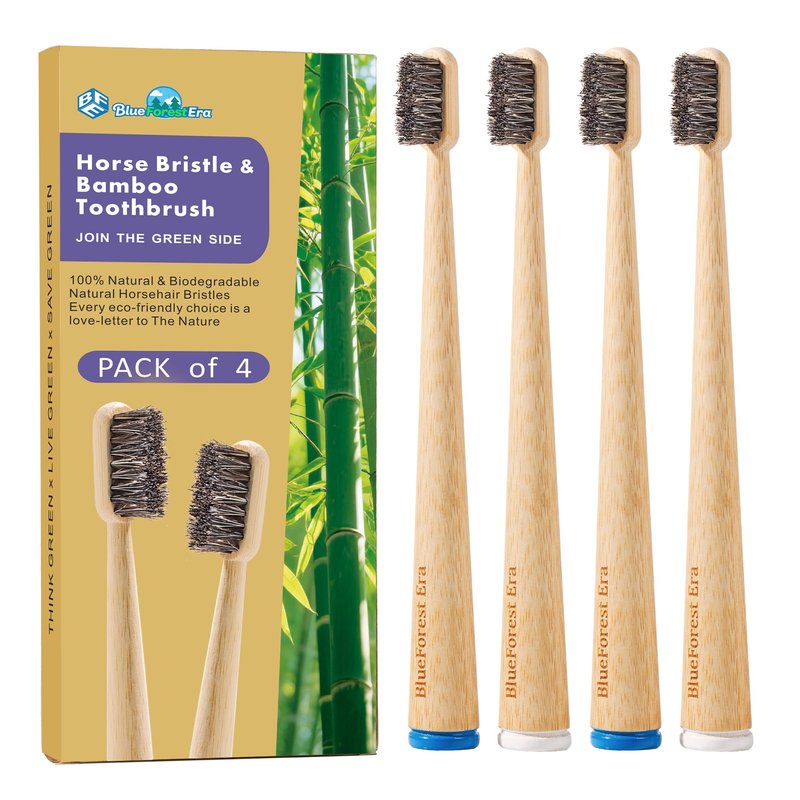 BlueForest Era Horse Hair Toothbrush, Natural Bamboo Toothbrushes, Organic Wooden Toothbrush Non Toxic, Plasstic Free Bamboo Toothbrush Soft, All Natural Bristles Toothbrushes for Adults