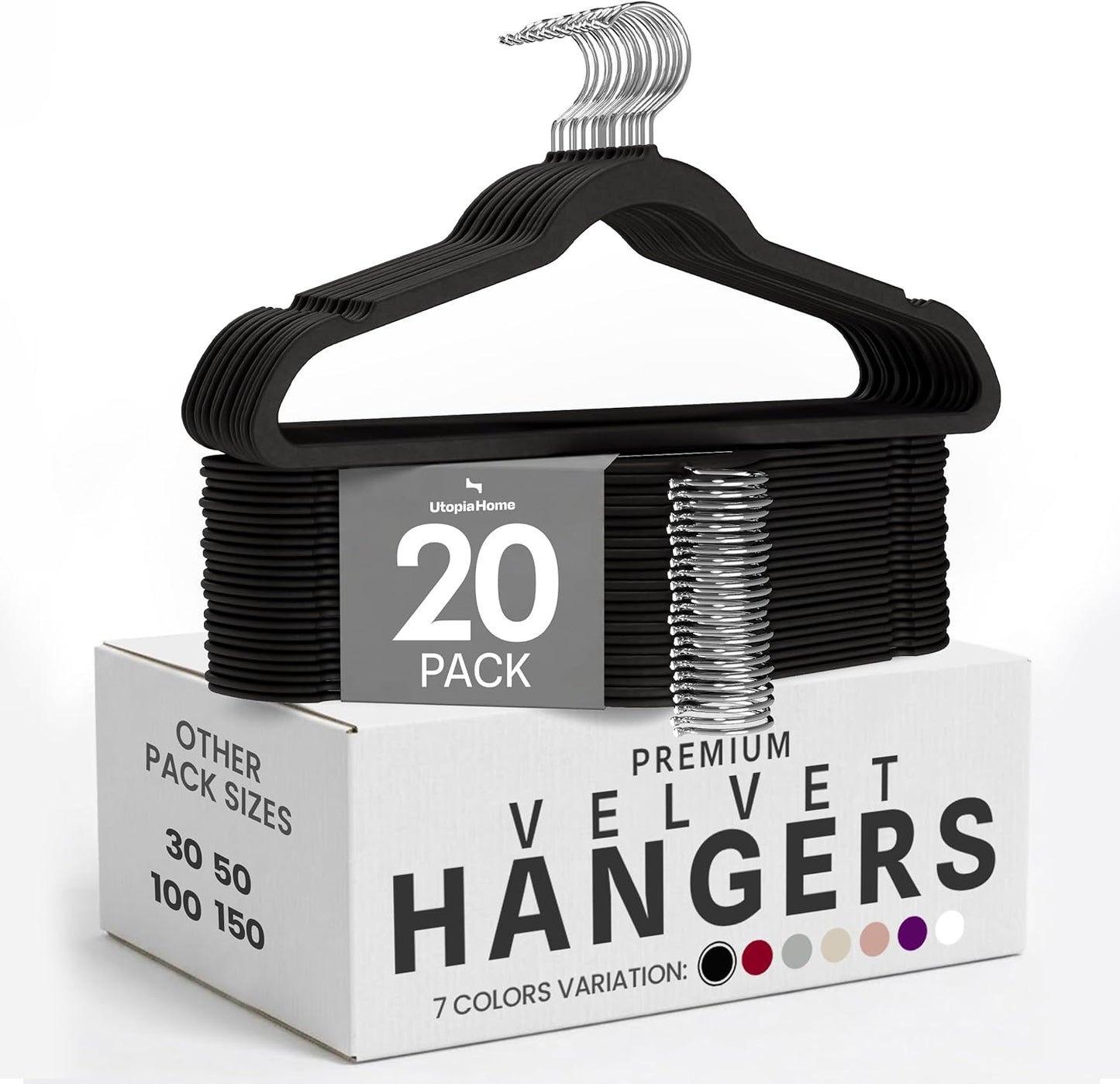Utopia Home Velvet Hangers - Non-Slip Slim Coat & Pant Hangers | 50 Pack, 360° Swivel Hook, Black