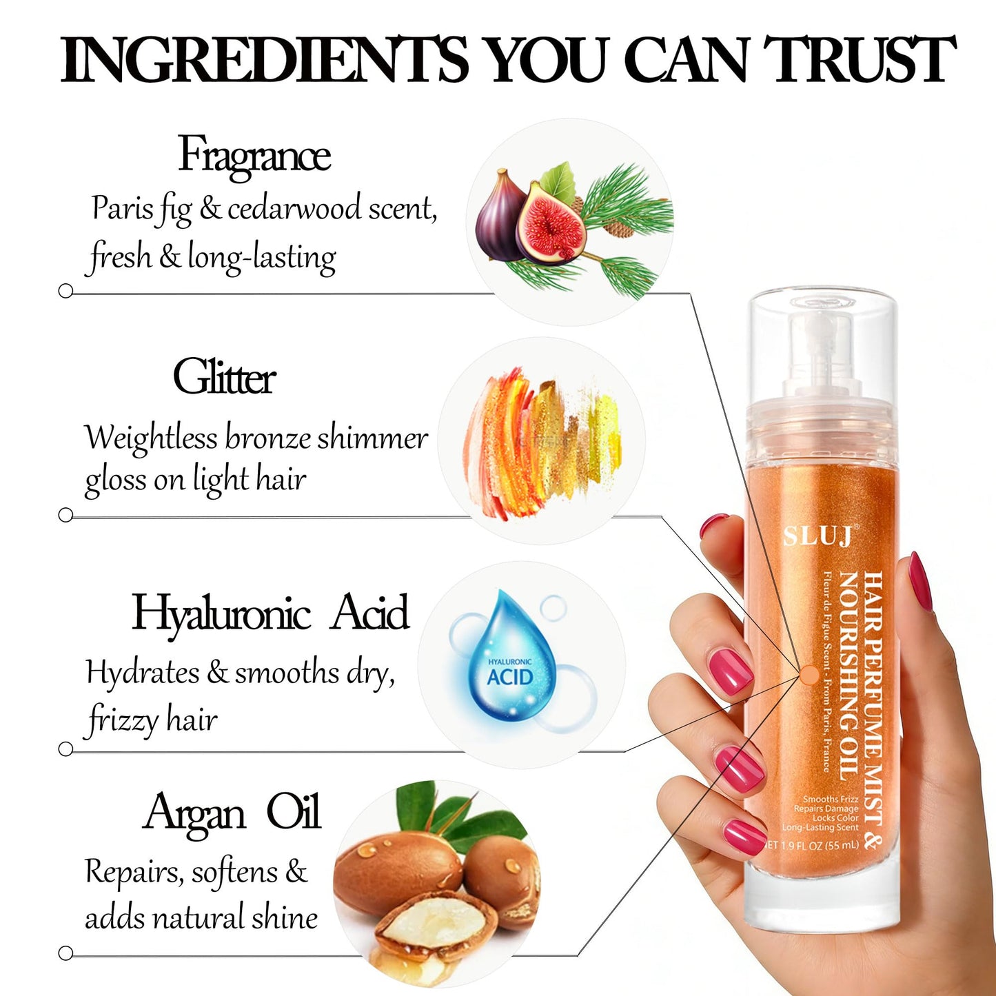 SLUJ Hair Perfume for Women, Hair Spray & Body Mist, Summer Lightweight Long Lasting Fragrance Mist, Hair Mist with Argan Oil & Bronze Shimmer for All Hair Types- 50ml