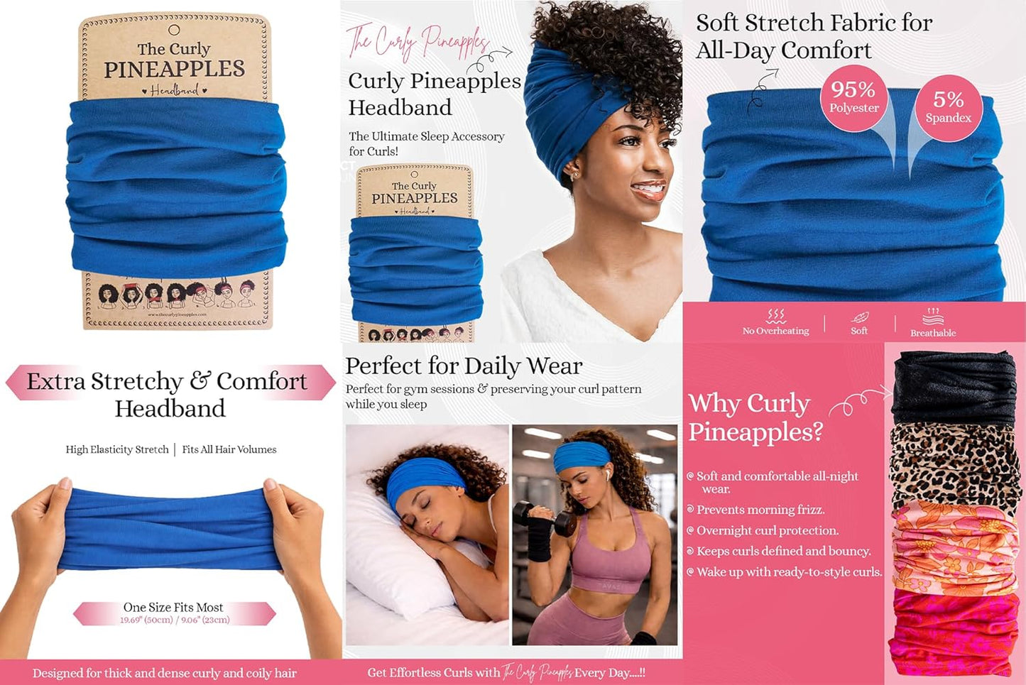 Curly Hair Headbands for Women - Stretchy Non-Slip Wide Yoga Band | Royal Blue, Adult Size