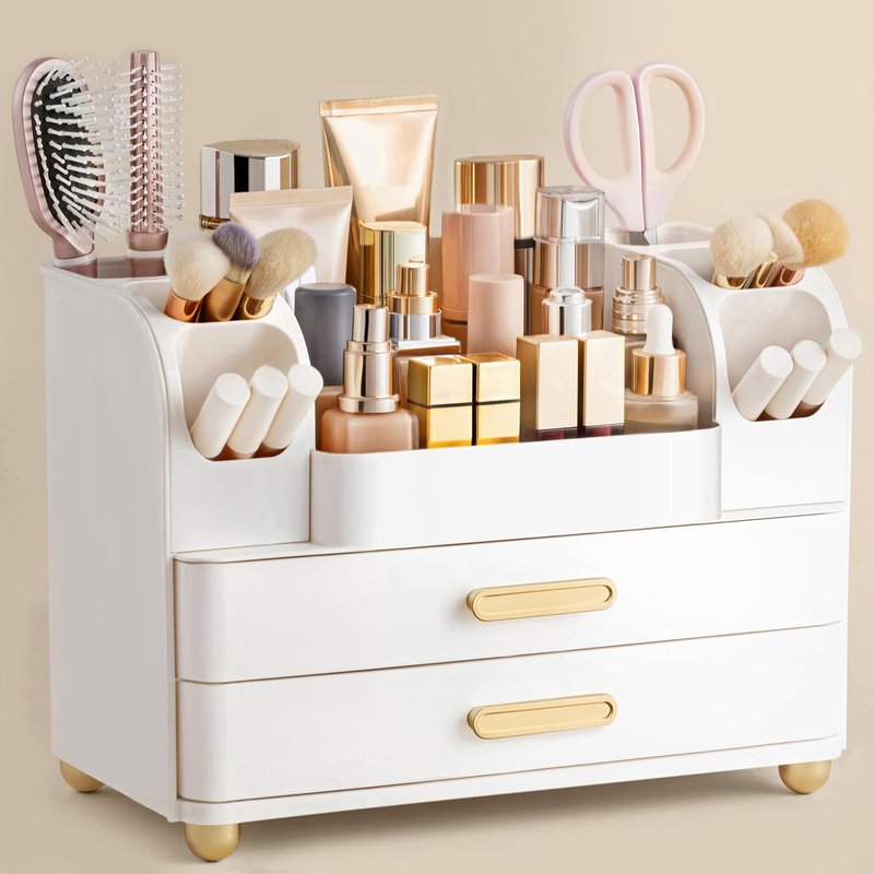 Makeup Organizer for Vanity - Large Bathroom Countertop Cosmetic Storage with Brush Holder | All White
