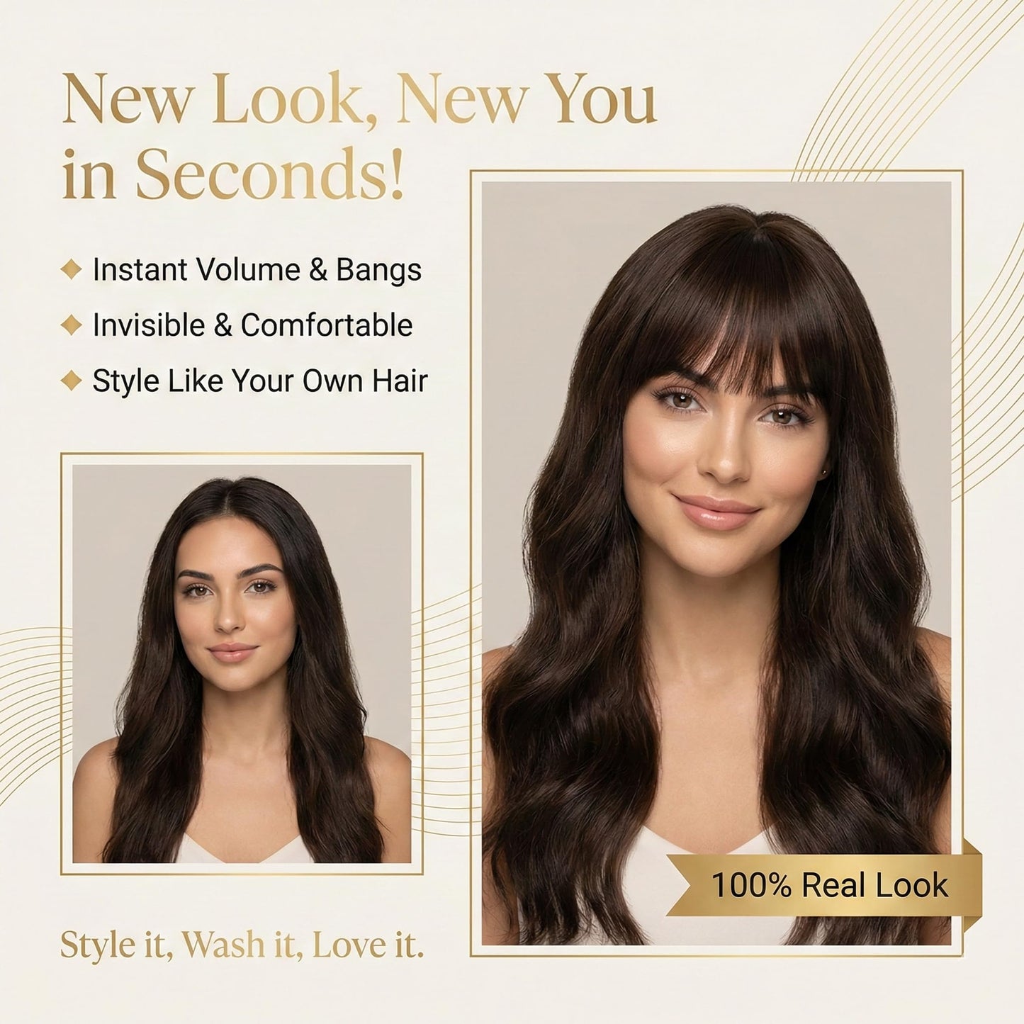 Ever Beauz Natural Wispy Bangs Hair Clip, 100% Remy Human Wig, Soft Feathered Fringe with Temples for Instant Face-Framing, Easy Snap-On Hairpiece (Brown Black)