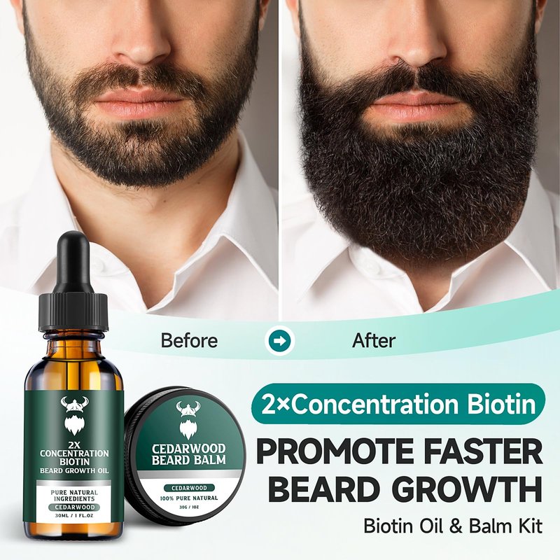 Beard Growth Kit - 2X Concentration Biotin for Men, Natural Argan, Jojoba Oils and Vitamins (Cedarwood)