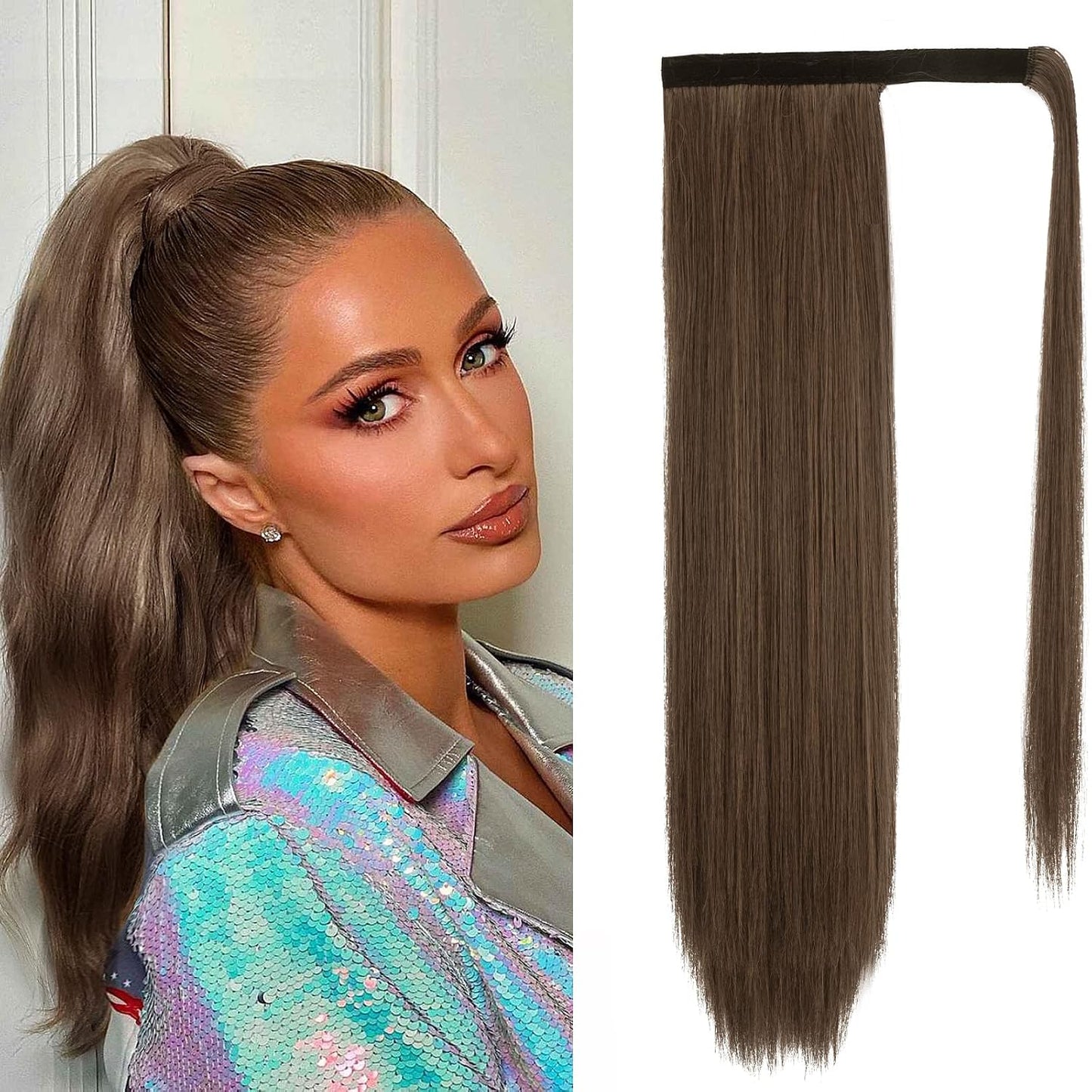 Dark Brown Straight Wrap Ponytail Extension - 24 Inch Clip-In Hairpiece for Black Women | Synthetic Hair