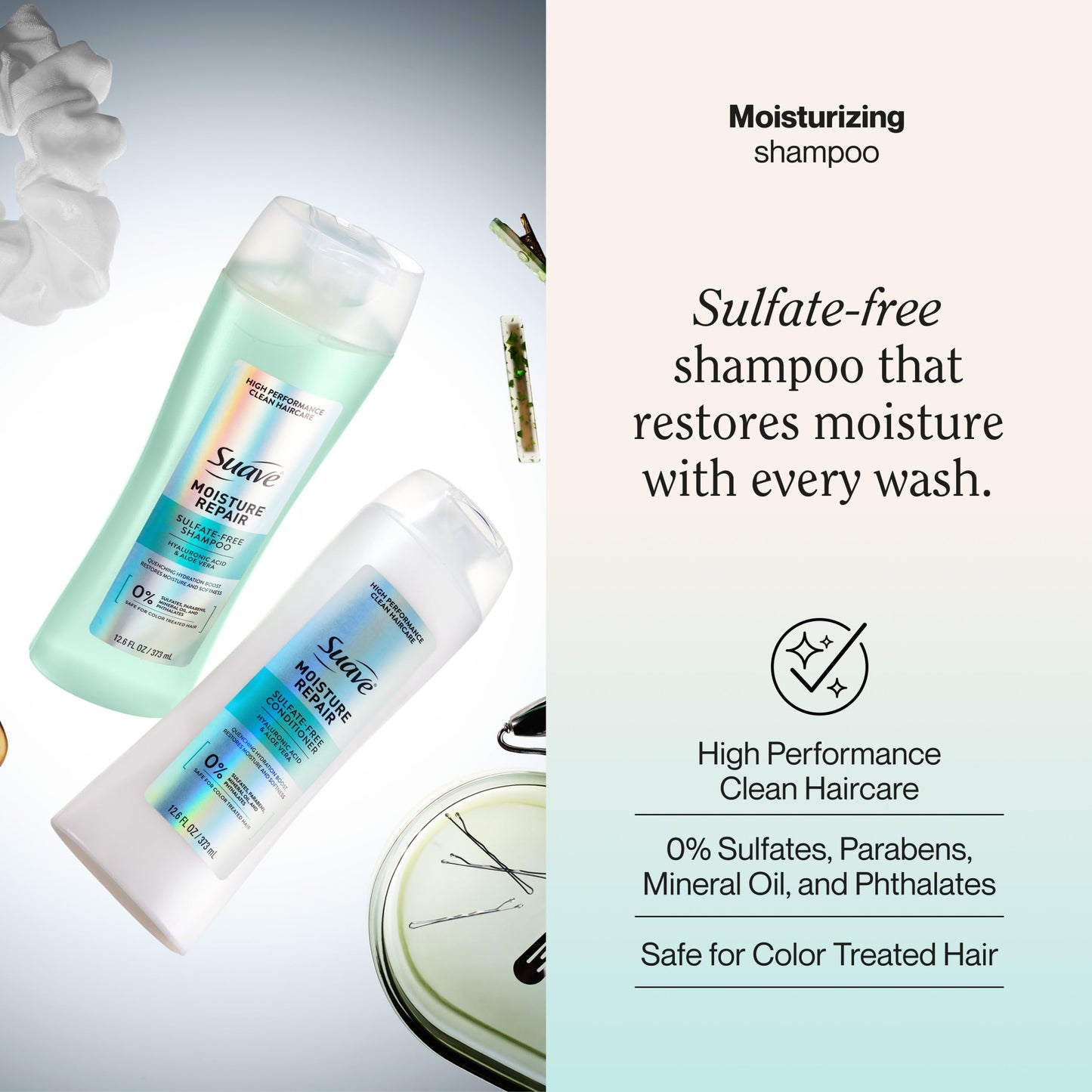 Suave Moisture Repair Shampoo, Sulfate-free, for restored moisture with every wash, safe for color treated hair, 12.6 oz Pack of 6