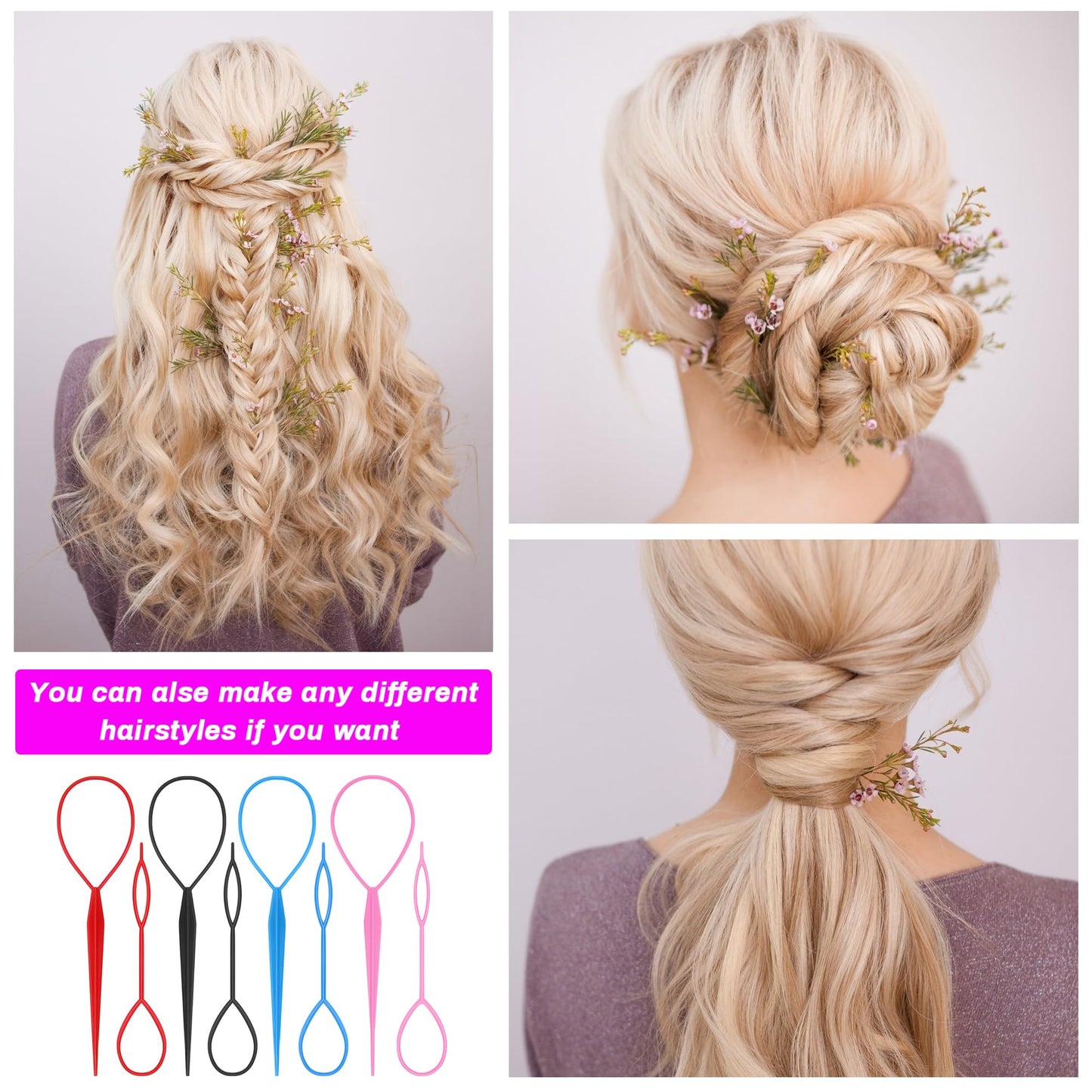 AHIER 8Pcs Hair Accessory Kit - Topsy Tail Ponytail Maker, French Braid Tool, Hair Braid Accessories, and 4 Color Hair Loops
