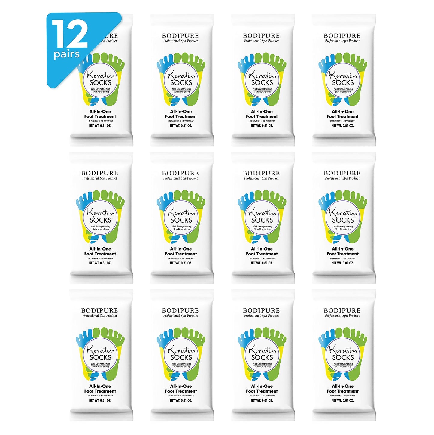 Bodipure Keratin Foot Mask 12pk, Moisturizing for Calluses, Heels, Dry Feet