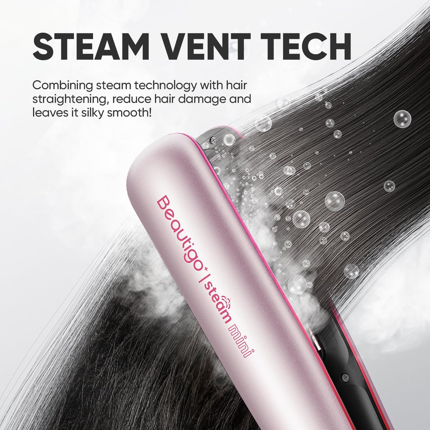 Steam Hair Straightener Flat Iron, Anti-Frizz Moisturizing Steam, Reduce Heat Damage, 20s Fast Heat, Ceramic Plates for Thick, Curly & Frizzy Hair, Beautigo, Rose Gold