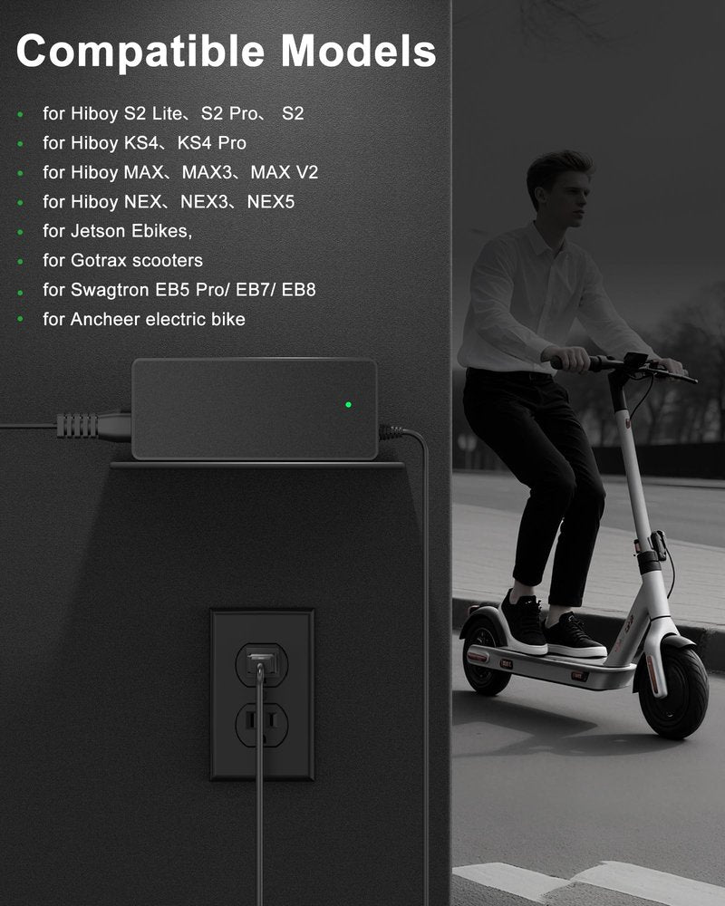 WUKUR 42V 2A Electric Scooter Charger Compatible with Hiboy S2, Lite, Pro,KS4, KS4 Pro, MAX, MAX3, MAX V2, NEX, NEX3, NEX5 36V Lithium-Ion Electric Scooter