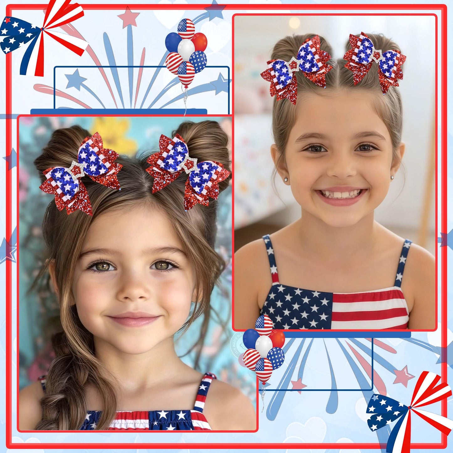FARSYOD Fourth of July Hair Bow Glitter Patriotic Bows American Flag Print Bowknot Barrettes Sparkly Red White Blue Hairpin Cute Hair Accessories for 4th of July Independence Day