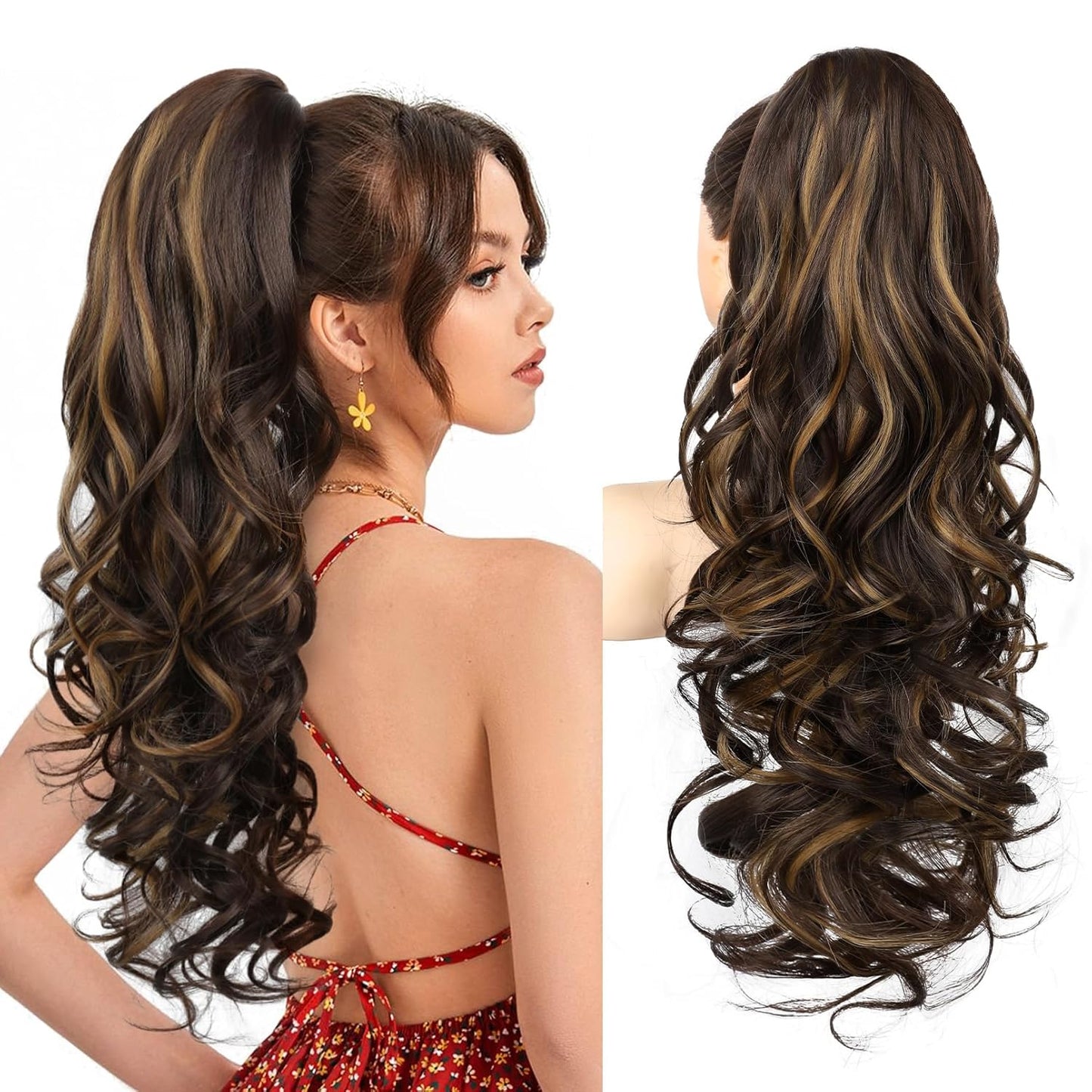 Ponytail Extension - 24" Claw Clip In Long Curly Wavy Hairpiece | Medium Blonde with Highlights