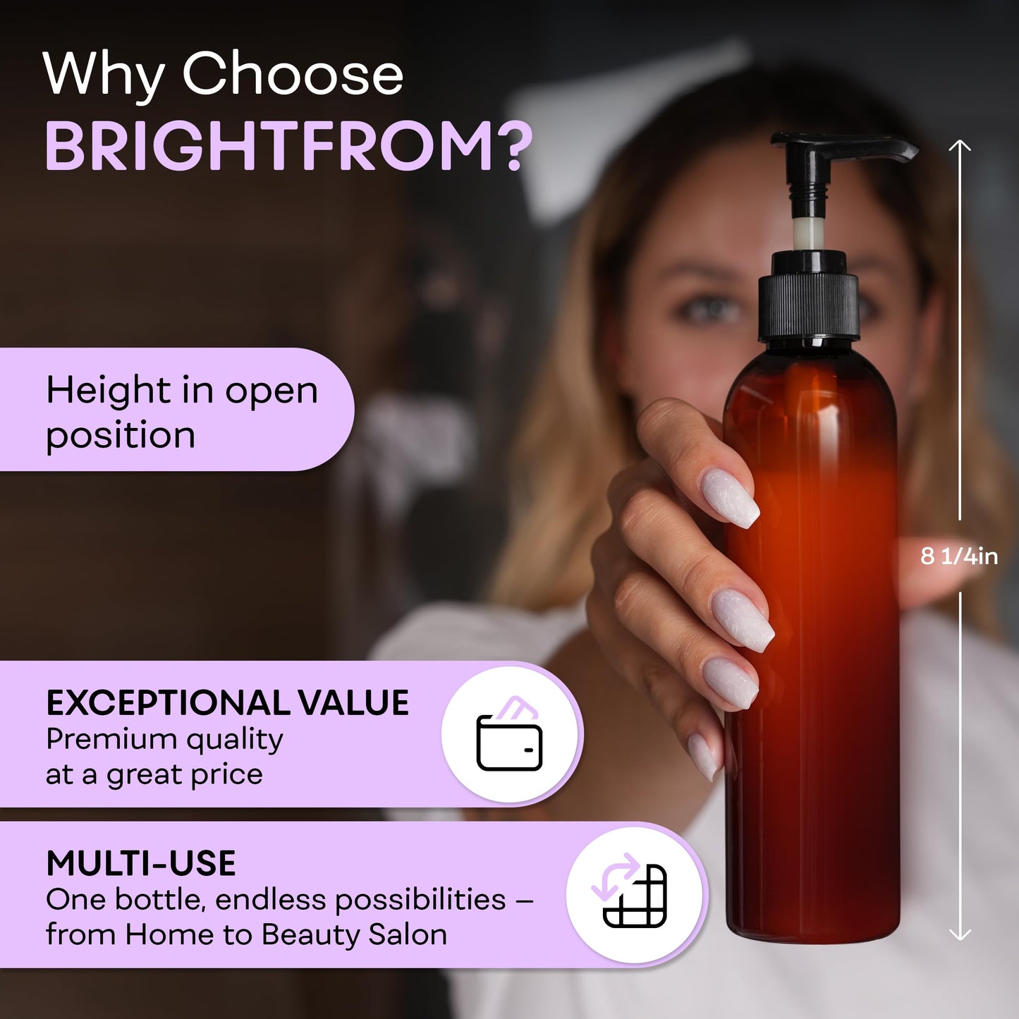 BRIGHTFROM Lotion Pump Bottles, Empty 8 OZ, BPA-Free Refillable Plastic Containers, Amber with Black Dispenser for - Soap, Shampoo, Lotions, Liquid Body Soap, Creams and Massage Oil (2 Pack)