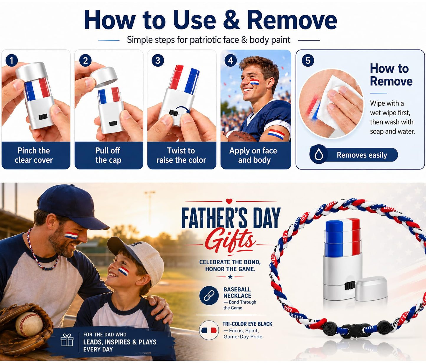Go Ho Patriotic 2-in-1 Bundle: Red White and Blue Face Body Paint Stick and Baseball Necklace Nylon Tri-Braided Rope Tornado 18 Inch, 4th of July Accessories,USA Team Gifts for Baseball Fans