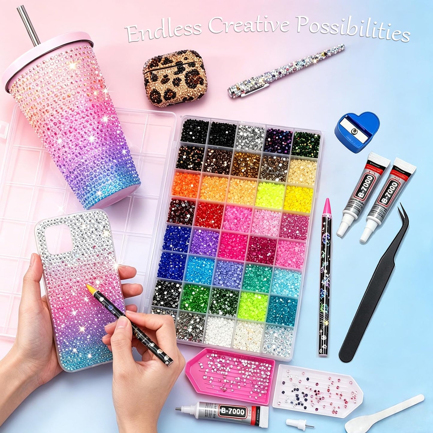 Bedazzling Kit 40000Pcs 40 Colors Resin Jelly Rhinestones, Multicolor 3mm Flatback Gems with 3Pcs B7000 Jewelry Glue & Tools, All-In-One Bedazzler Kit for Crafting Book Shoes Clothing Nail Diamond Art